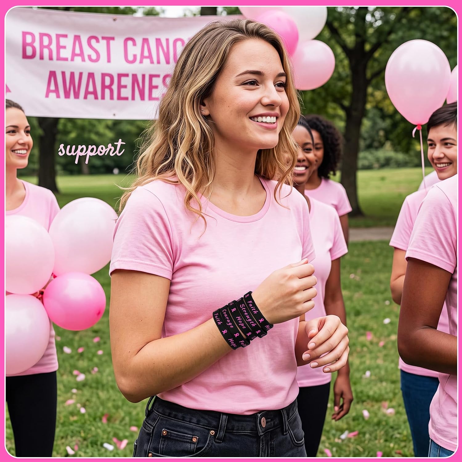 Sratte Breast Cancer Awareness Pink Ribbon Bracelets Rubber Wristbands for Women Party Public Events Breast Cancer Decorations Gifts