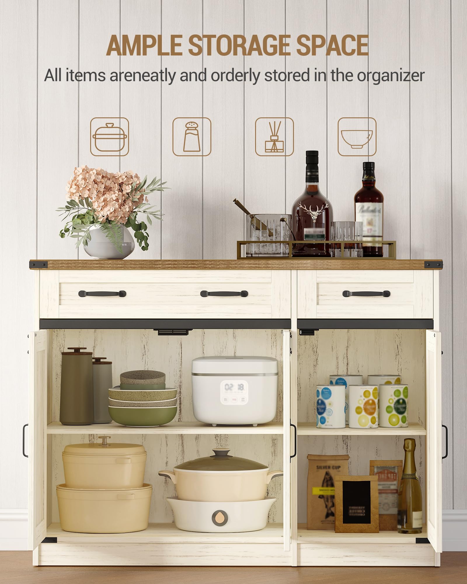 Hzuaneri Armario de Cocina, Aparador Cocina, Armario de Almacenamiento con 2 Cajón, 3 Puertas, Estantes Ajustables, 40 x 108 x 80 cm, Blanco Rústico y Marrón Miel SC85814X