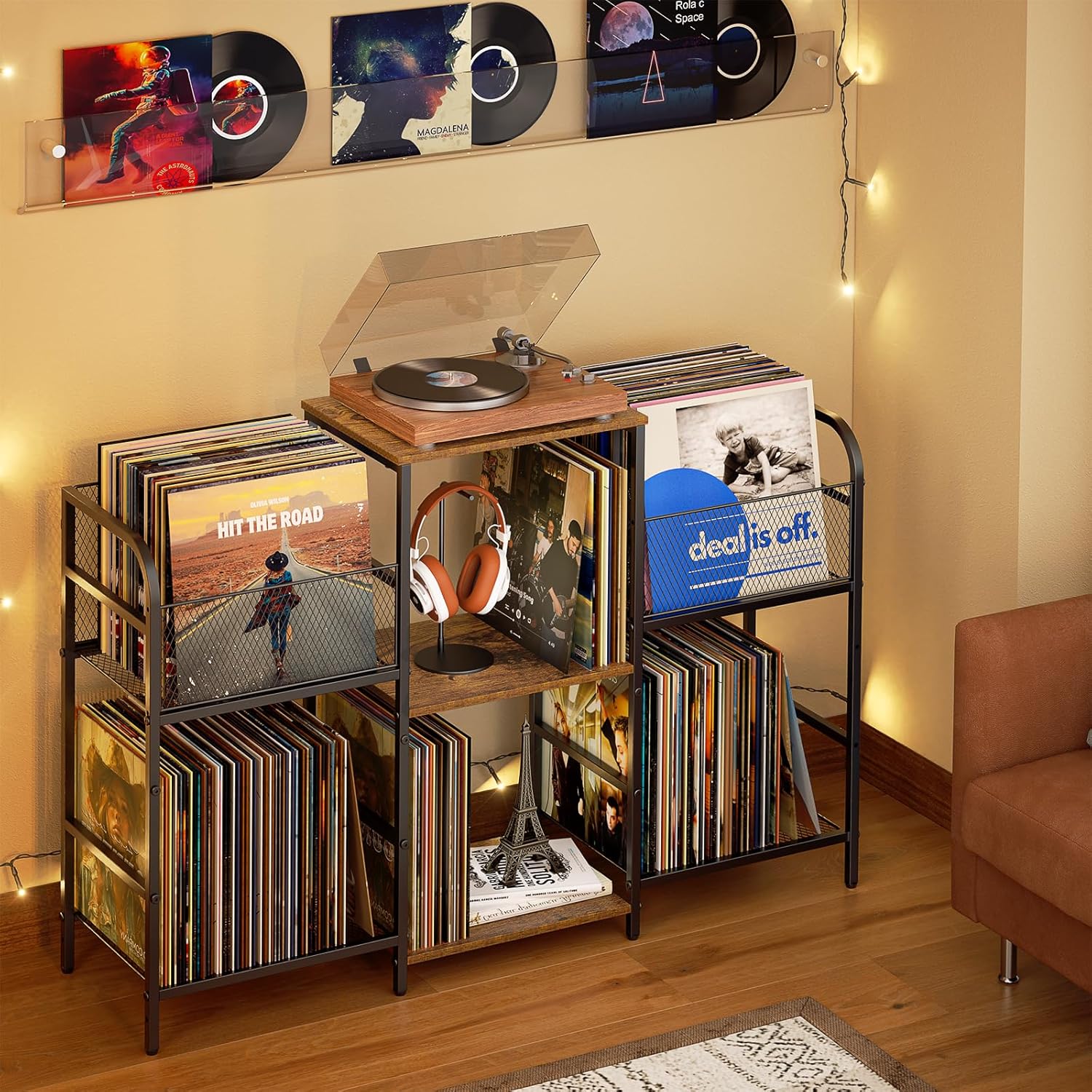 Record Player Stand with Vinyl Storage, Record Storage for 350+ Albums, Tuntable Stand with Record Holder for Living Room, Record Holder Vinyl Display Shelf