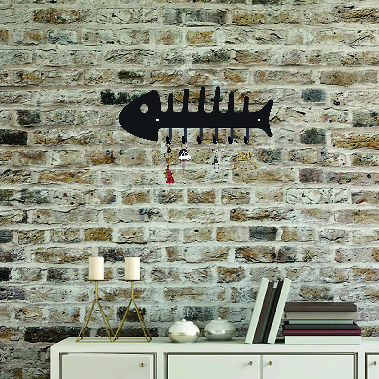 CREATCABIN Appendiabiti Da Parete Portachiavi In Metallo Appendiabiti Decorativo In Metallo con Design A Forma di Lisca di Pesce Organizer Rack con 6 ganci per Parete, Bagno, Cucina, Ingresso