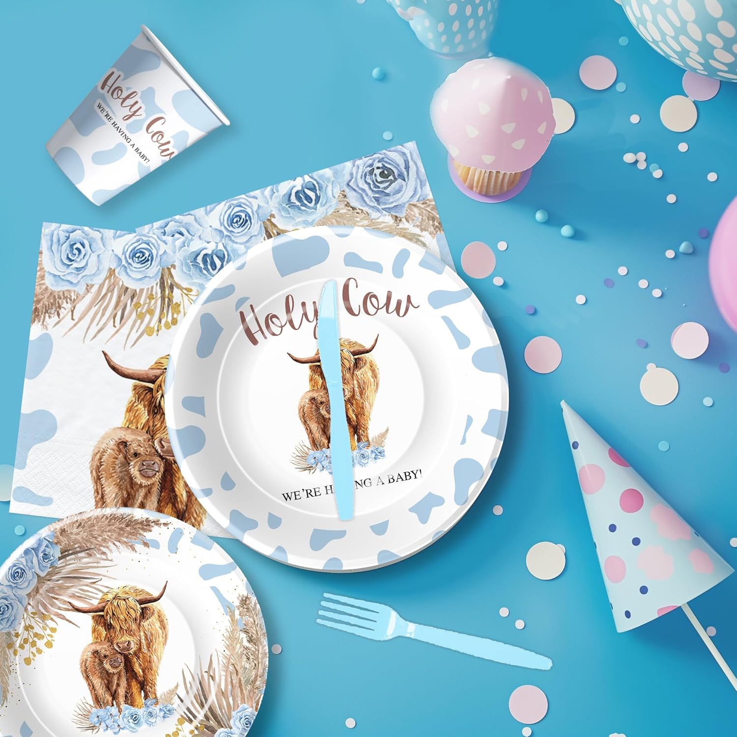 APOWBLS Highland Cow Baby Shower Decorations Tableware - Blue Boho Highland Holy Cow Baby Boy Party Supplies, Paper Plate, Cup, Napkin, Disposable Fork | Serves 24