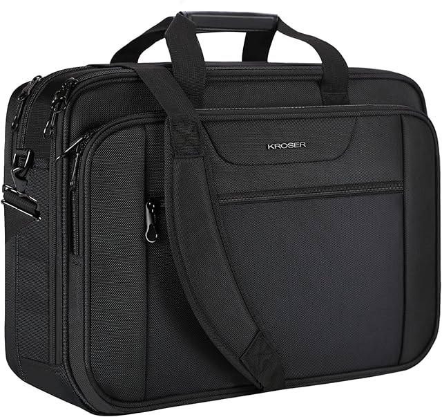 KROSER Laptop Bag XXL Laptop Briefcase Fits Up To 18 Inch Laptop Water-Repellent Light Weight Gaming Computer Bag Shoulder Bag Expandable Capacity For Travel/Business/School/Men-Black