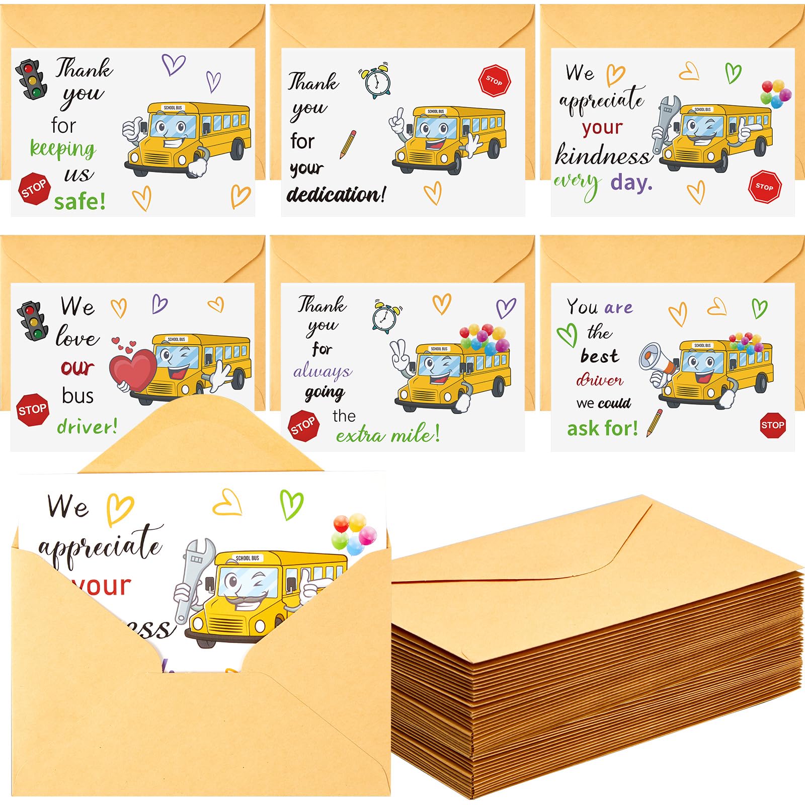 Motiskyy Paquete de 24 tarjetas de agradecimiento para conductor de autobús escolar con sobres, tarjeta de agradecimiento, regalo de jubilación, regalo de fin de año, para conductor de autobús