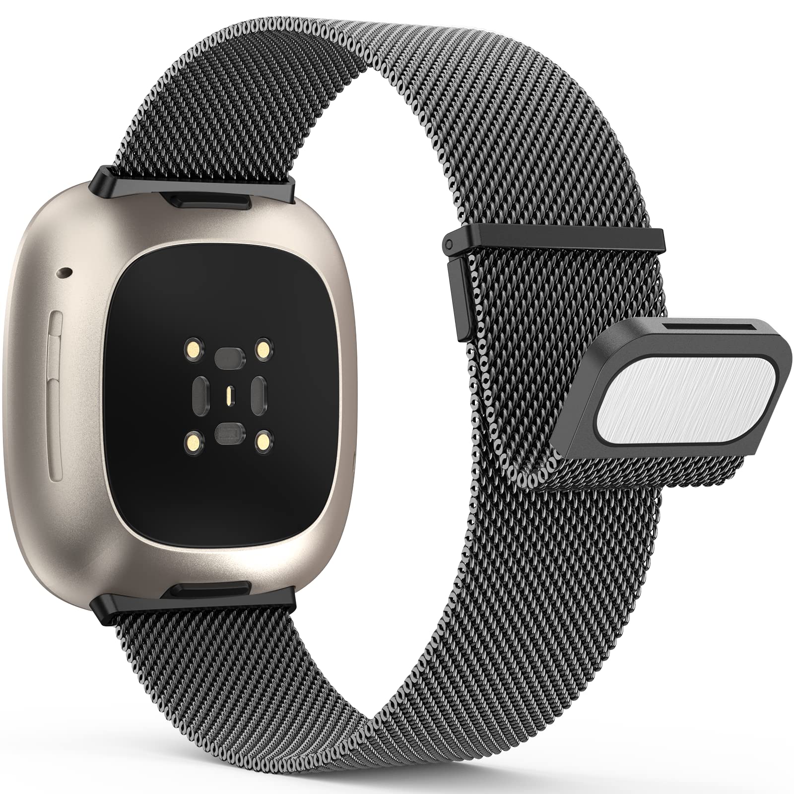 YoohooStraps Compatible with Fitbit Versa 3/Fitbit Versa 4/Fitbit Sense 2,Adjustable Stainless Steel with Double Magnetic Clasp Replacement Straps for Women Men/Space Gray
