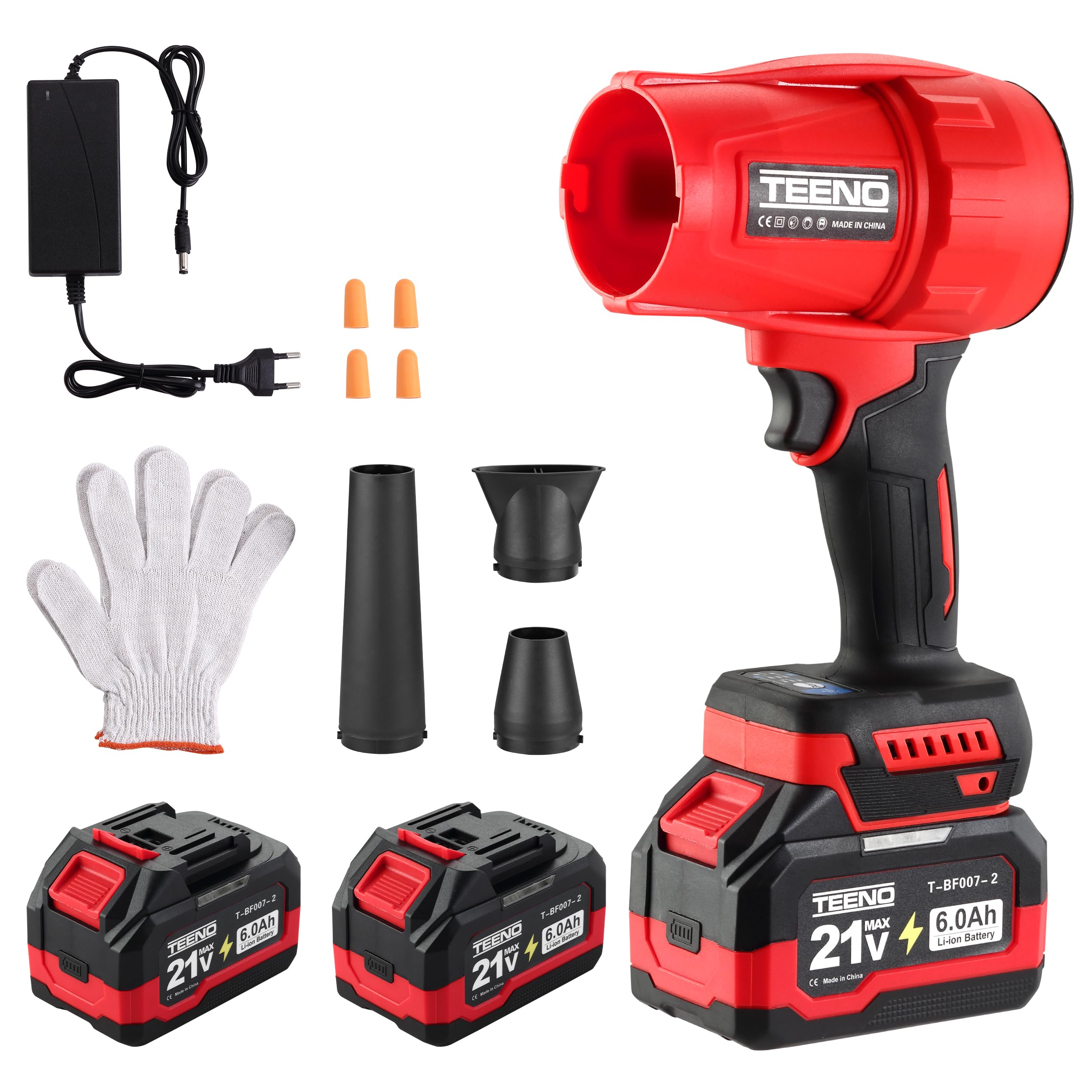 Soplador de hojas inalámbrico TEENO, 35000 RPM 2 x 6,0 Ah baterías, cargador y 3 boquillas incluidas, tres modos de velocidad, compatible con baterías Makita, ideal para terraza, callejones y jardín