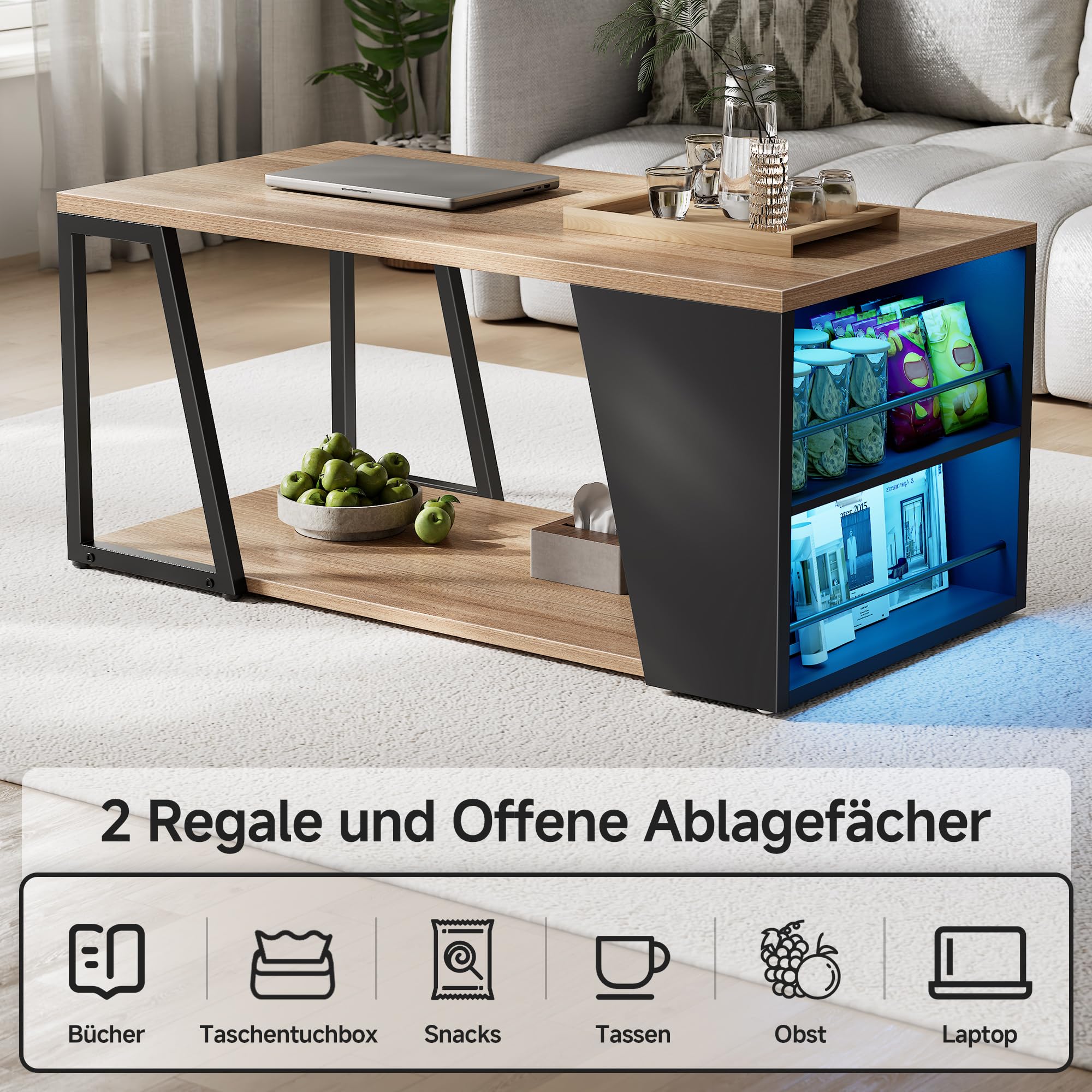 Gyfimoie Couchtisch mit Stauraum, Wohnzimmertisch mit Verstellbarer LED, Sofatisch mit Regal, Beistelltisch aus Metall, 100 x 50 x 47 cm