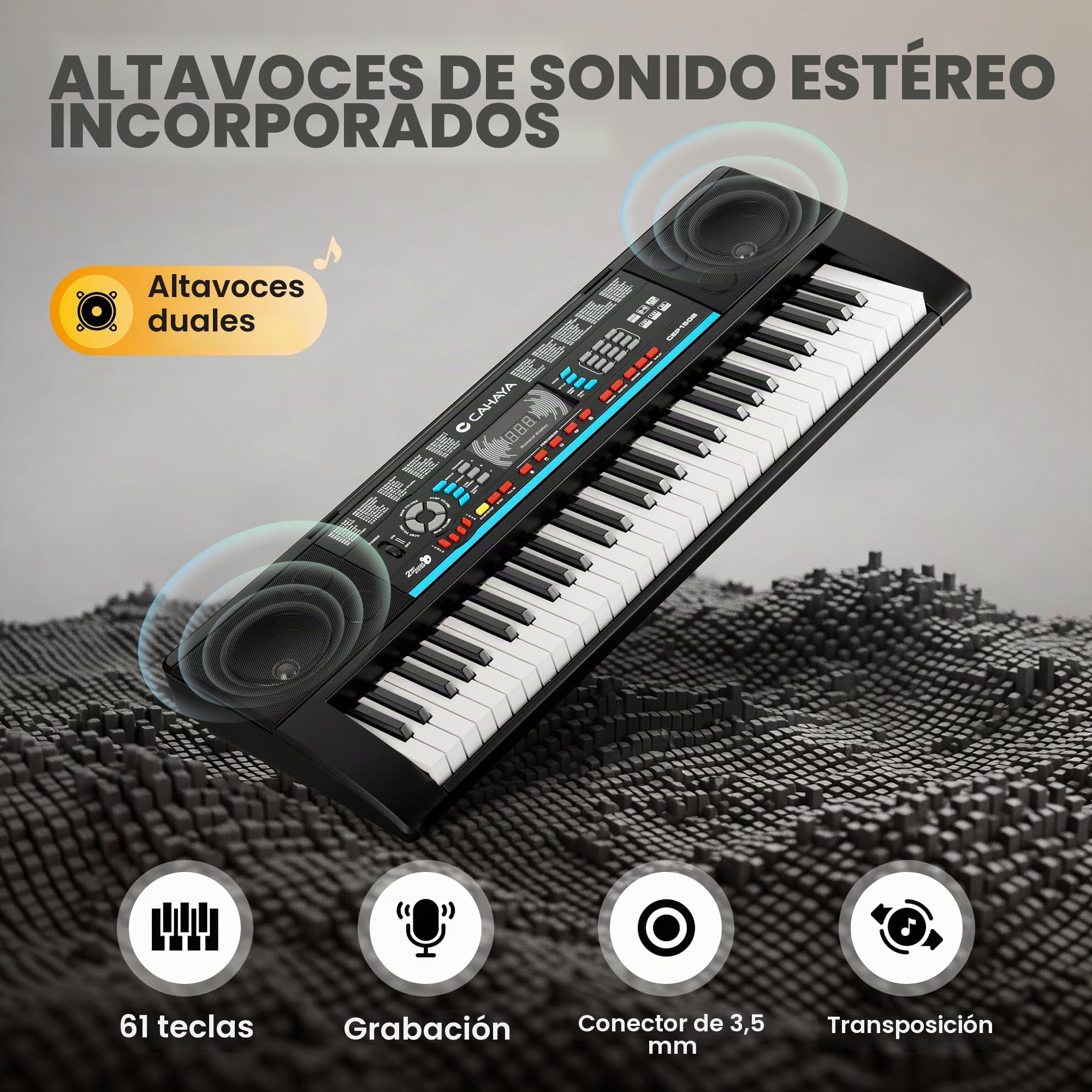 CAHAYA Piano Digital de 61 Teclas - Piano Eléctrico Portátil para Principiantes con 3 Modos de Enseñanza 128 Sonidos y 128 Ritmos Set con Soporte Banco Micrófono y Altavoces Integrados