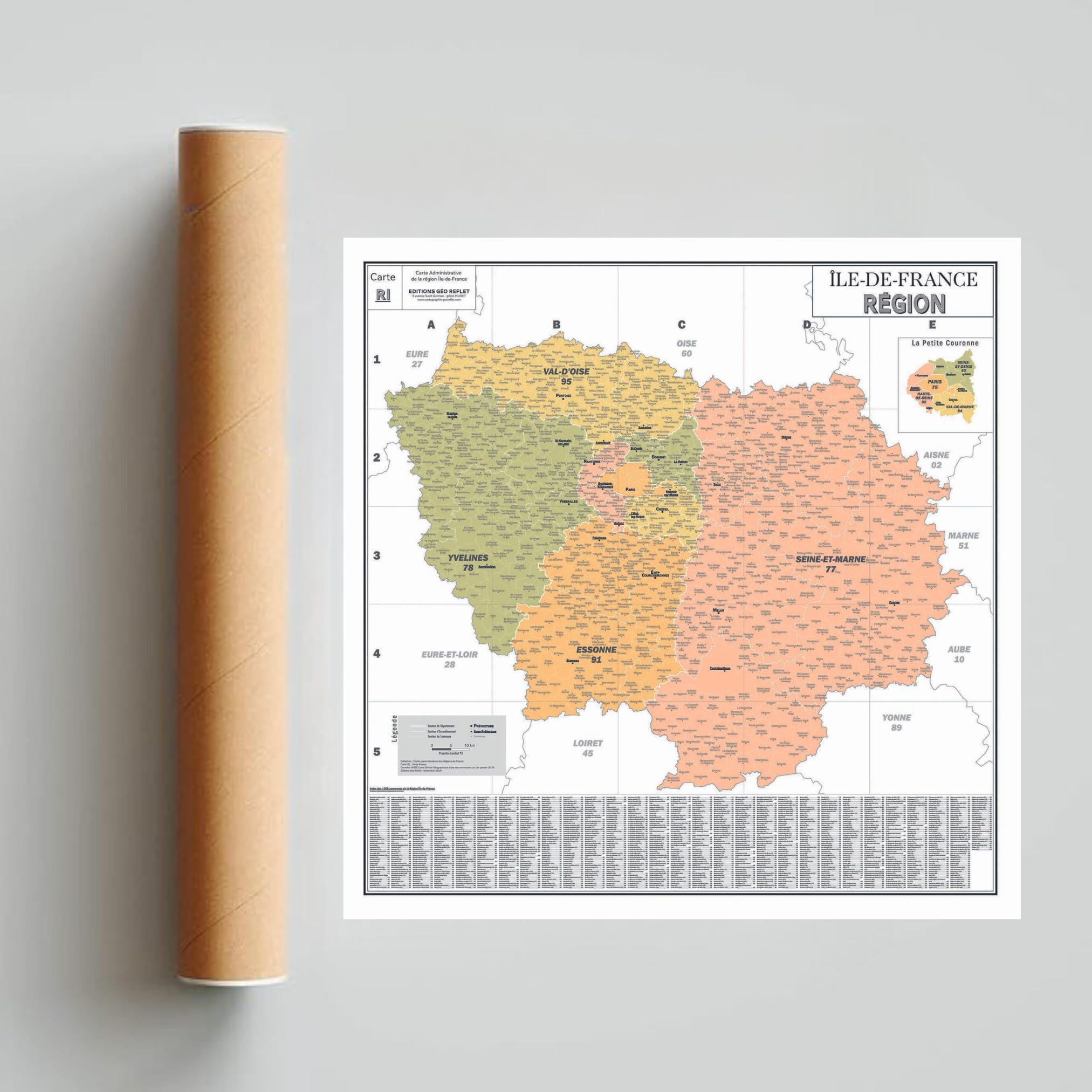 GEO REFLET Carte de France Murale - Carte Administrative - Région Île-de-France - Modèle Vintage - Poster Plastifié 120x120CM