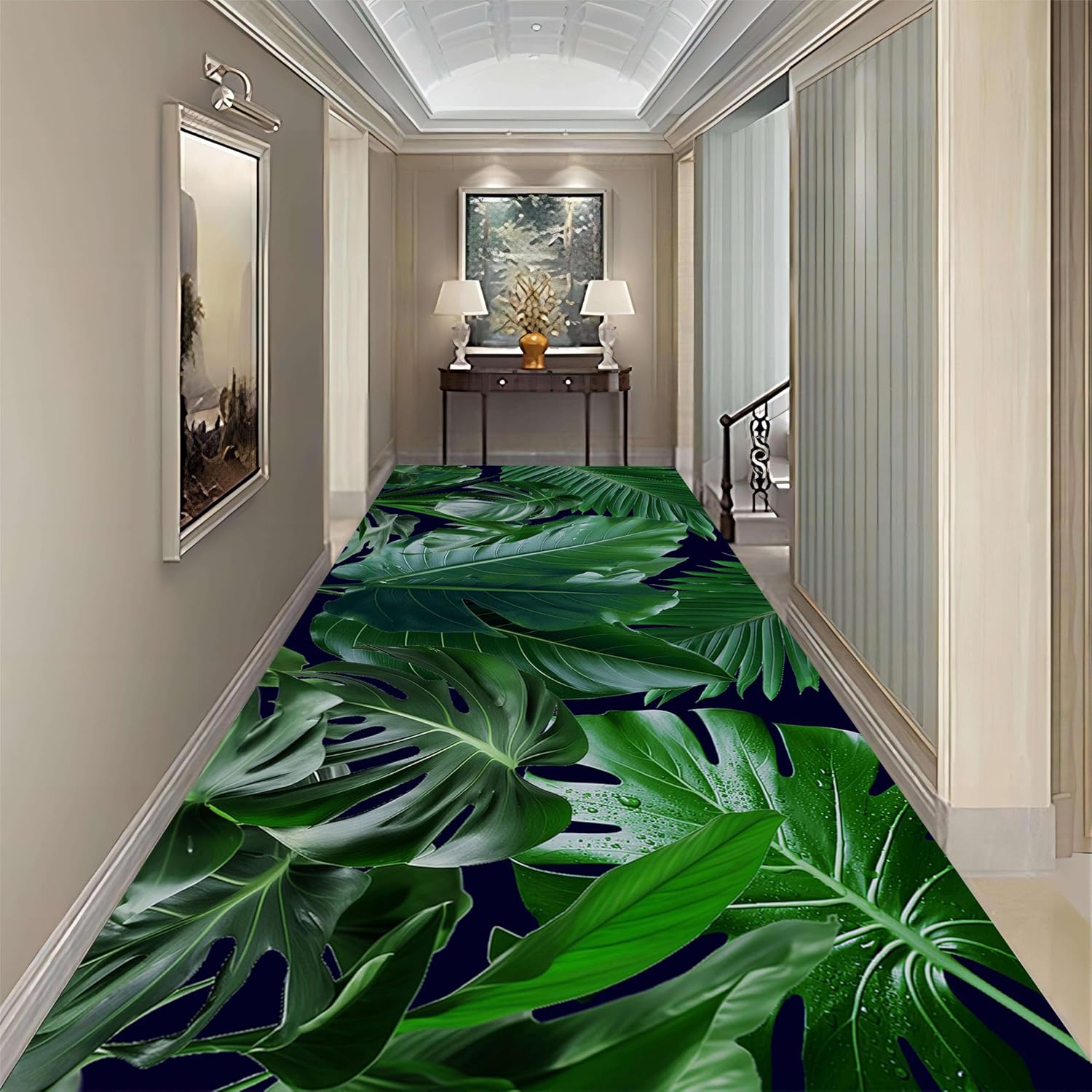 Monstera Runner Rug, 2x6ft, Summer Tropical Plant Dark Green Leaves Area Rug, Non-Slip Machine Washable Indoor Floor Rug, Low Plush Noise Reducing Floor Rug for Living Room Bedside Entry