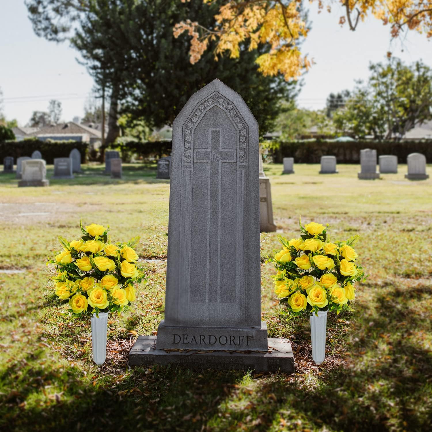 XONOR Artificial Cemetery Flowers with Vase, Set of 2 Artificial Rose Bouquet Graveyard Memorial Flowers for Cemetery Headstones Decoration (Yellow-2Pcs) - Image 6