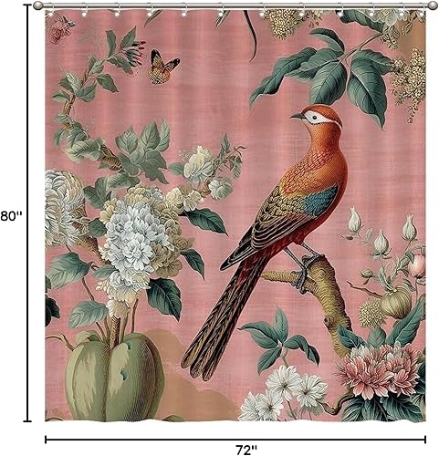 Miniatura 225 de Cortinas de ducha de baño con ganchos, 72 x 92 pulgadas, cortina de ducha de tela impermeable con diseño de flores y pájaros, cortina de ducha