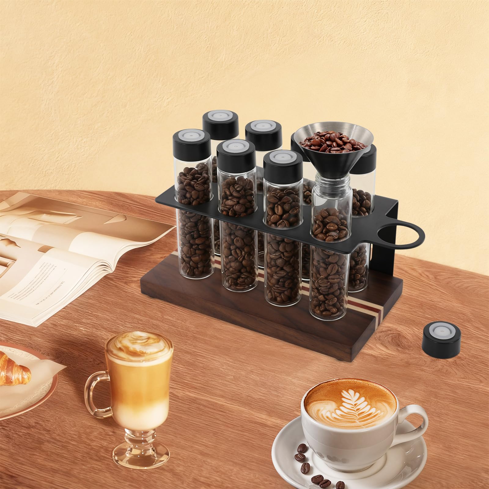 8 tubos para granos de café, vaso de café con soporte y embudo, base de madera maciza de nogal, latas de café, tarros de almacenamiento portátiles para granos de café y hojas de té