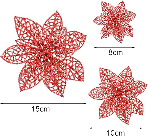 Vista 38 de 24 piezas de adorno de árbol de Navidad de Nochebuena con brillantina. Adorno de decoración de flores de Navidad. 3, 4 y 6 pulgadas / 7.62, 10.16