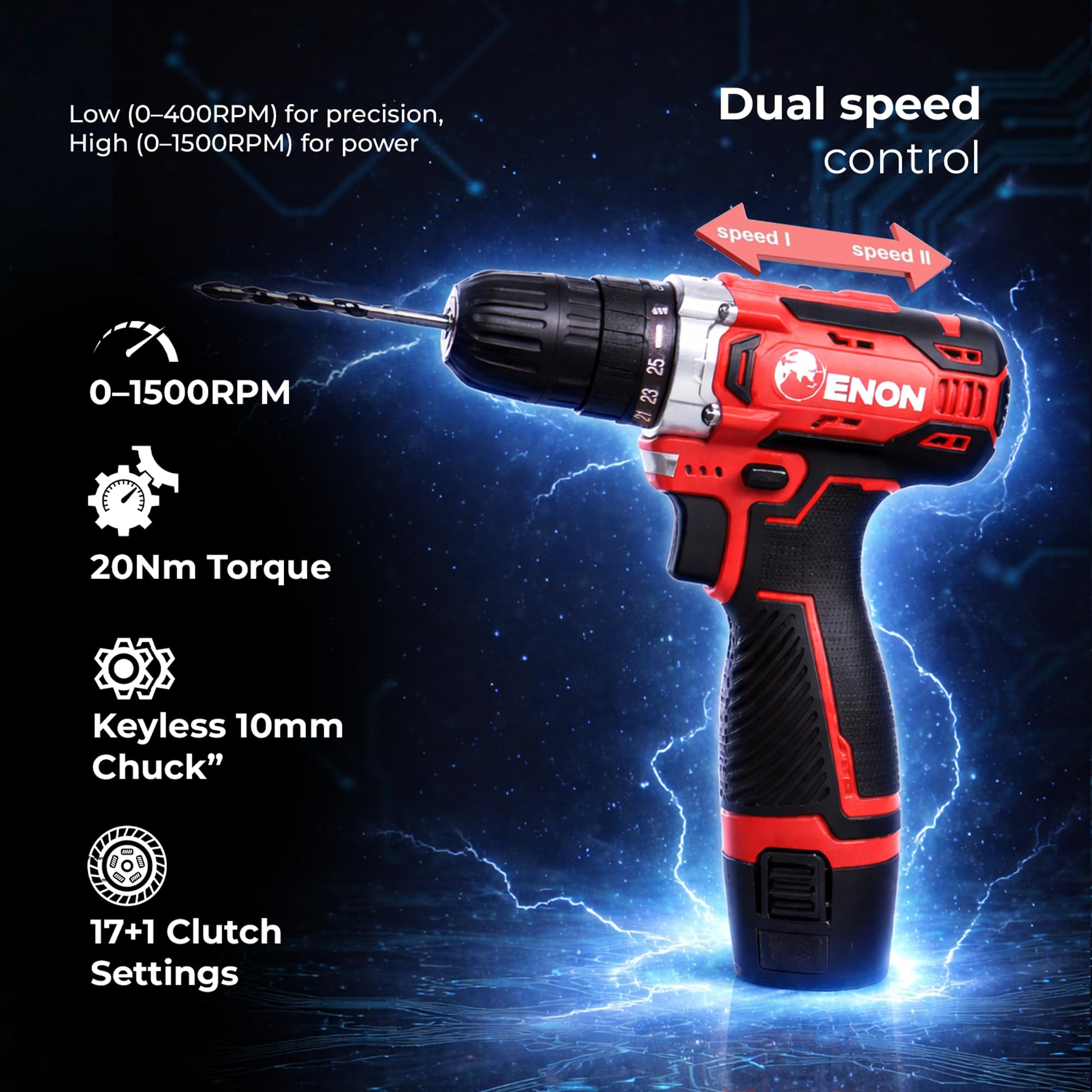 Enon 12V Cordless Drill Machine for Home Use, Compact Cordless Screw Driver, Powerful, 2 Speed, LED, 1500RPM,10mm Chuck, Reversible Switch, Drilling,1500mAh Battery with 2 Batteries (XE-CD1210) 1