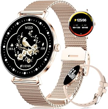 LIGE Fashion Smart Watch for Women, 1.43" AMOLED Screen, Answer/Make Calls Smartwatch for iOS Android, 120+ Sport Modes, Heart Rate Sleep Tracking, IP68 Waterproof, 2 Bands, Gifts for Women, Gold