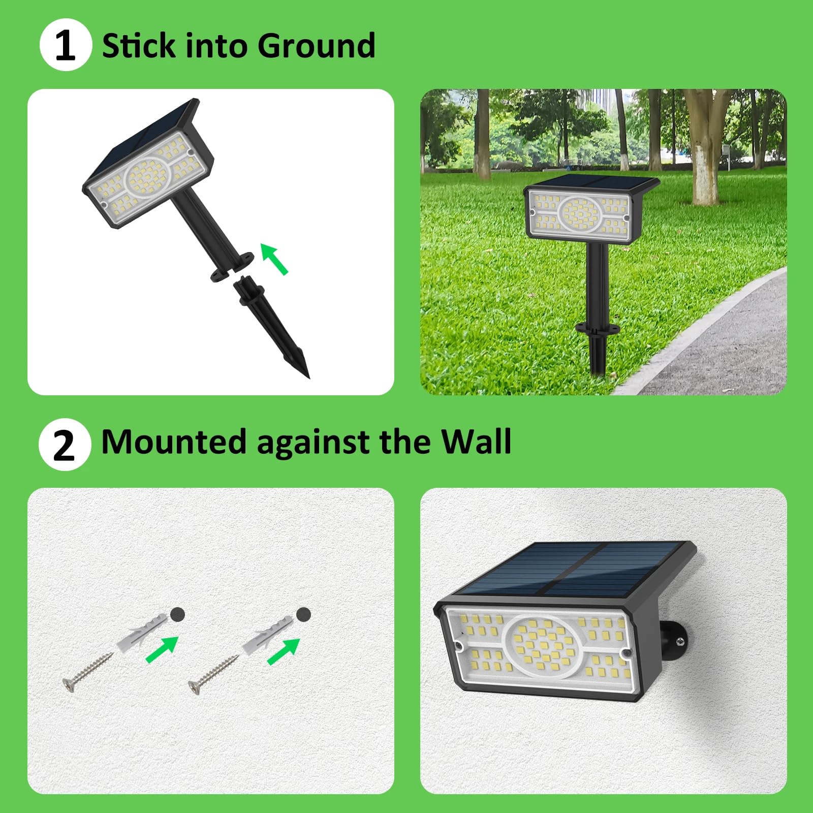 Faretti solari a LED da 2 pacchi, Luci di sicurezza solari, Accensione/spegnimento automatico Luce per esterni da esterno, Luci da giardino impermeabili IP65, per patio, vialetto, stagno, terrazza