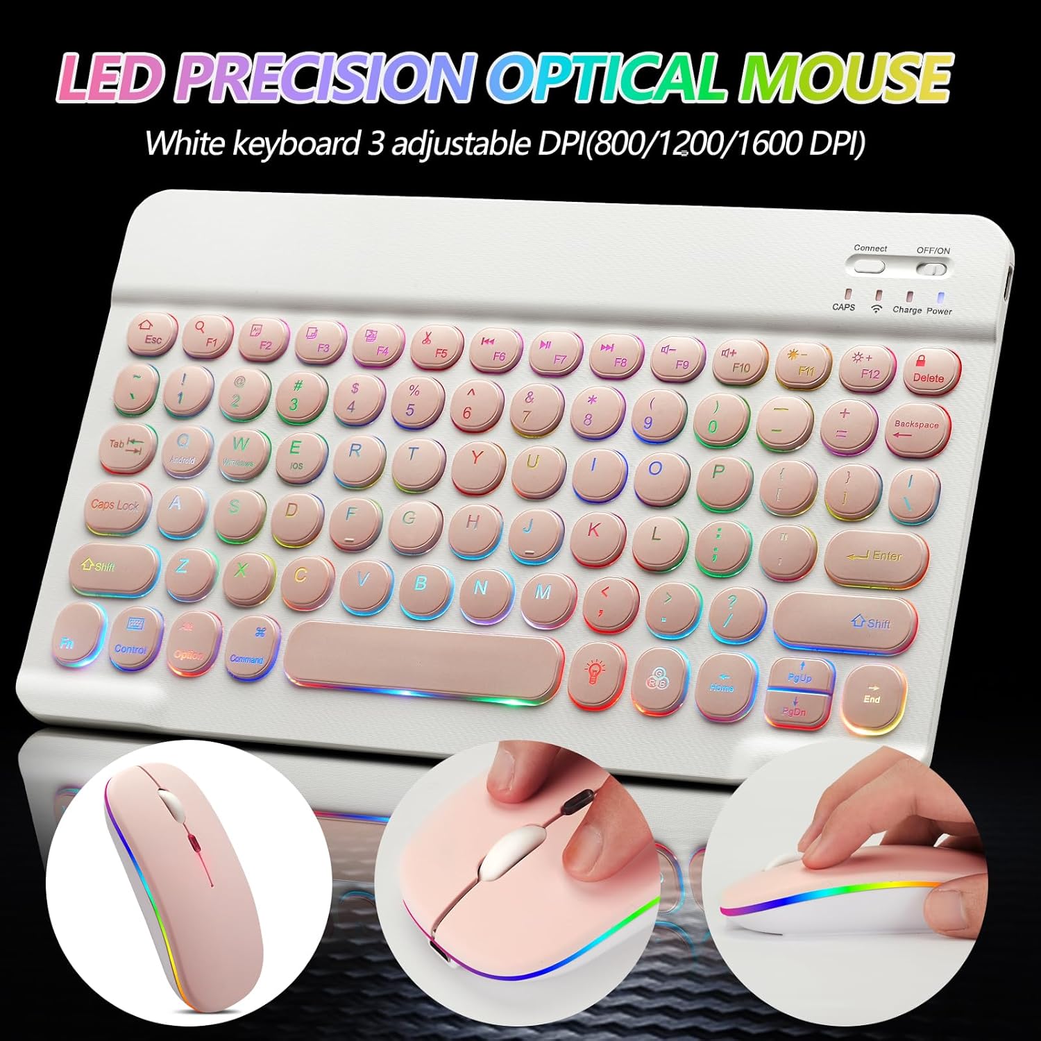 Bluetooth Keyboard and Mouse Combo for iPad - Rechargeable Wireless Keyboard & Mouse with 7-Color Backlit Compatible with iPad 9th/8th Gen, iPad Pro/Air/Mini, iPhone14/13/12 Pro, Round Keys Pink image 6 of 8 B0CC6DQTLH