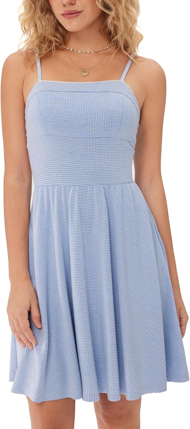 CIDER Gingham Mini Dress with Pockets - Women Square Neck Sleeveless Sundress Fit Flare