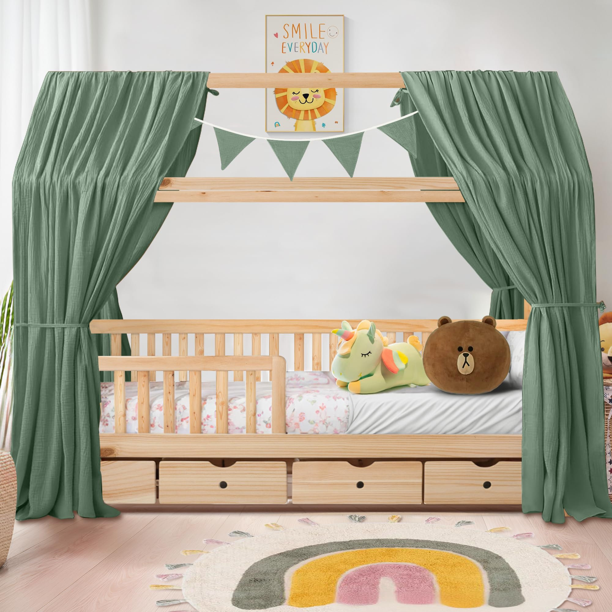 iLuane Hausbett Himmel aus 100% Baumwolle Musselin – Stoffhimmel Deko mit Schleifen – Betthimmel für Hausbett – Vorhang aus Musselin Stoff – Himmel Dekoration in 6 Farben & 4 Größen