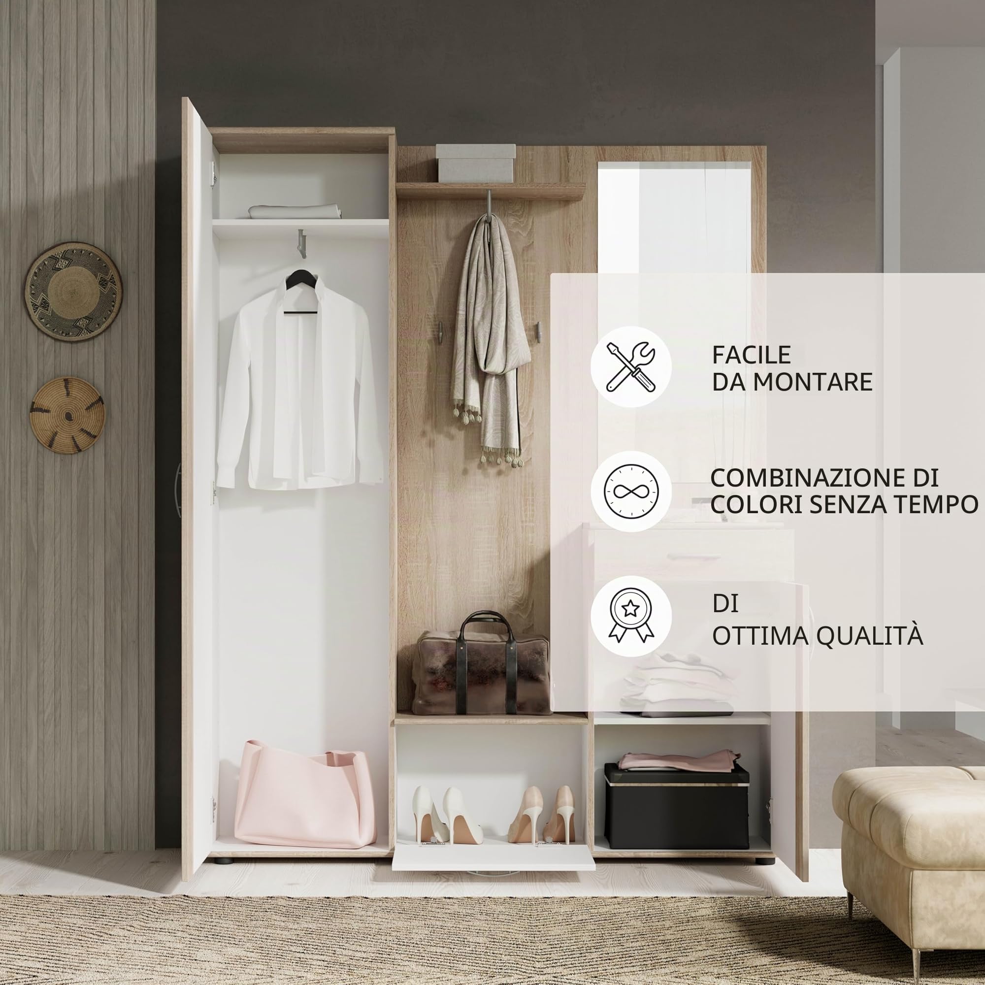 Stella Trading, PATENT Set mobili da ingresso in rovere sonoma, bianco, moderno con specchio, 145 x 184 x 29 cm