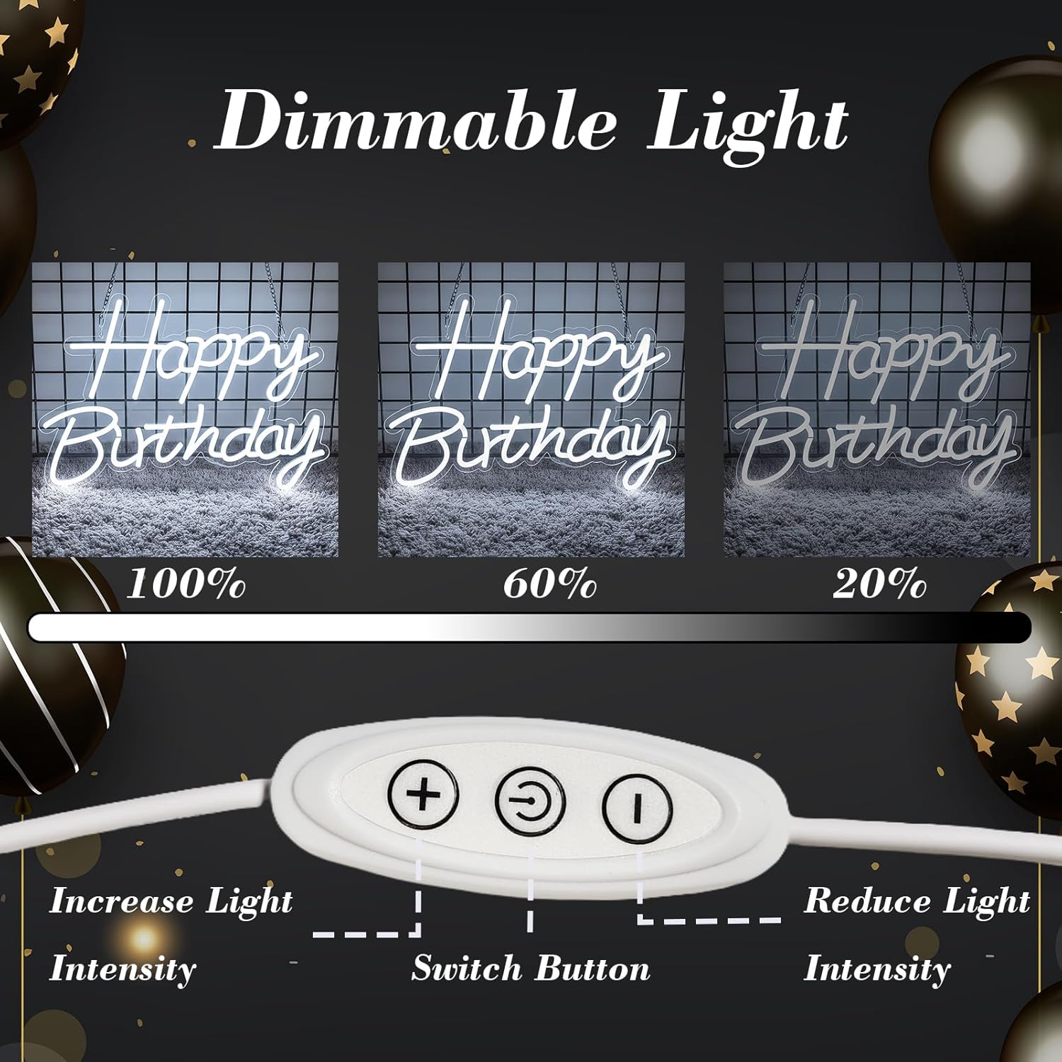 Happy Birthday Neon Sign for Backdrop, LED Happy Birthday Light Up Sign, USB Powered Dimmable Neon Light for Birthday Party Decorations, Wall Decor, White, 16.5 x 12 inch