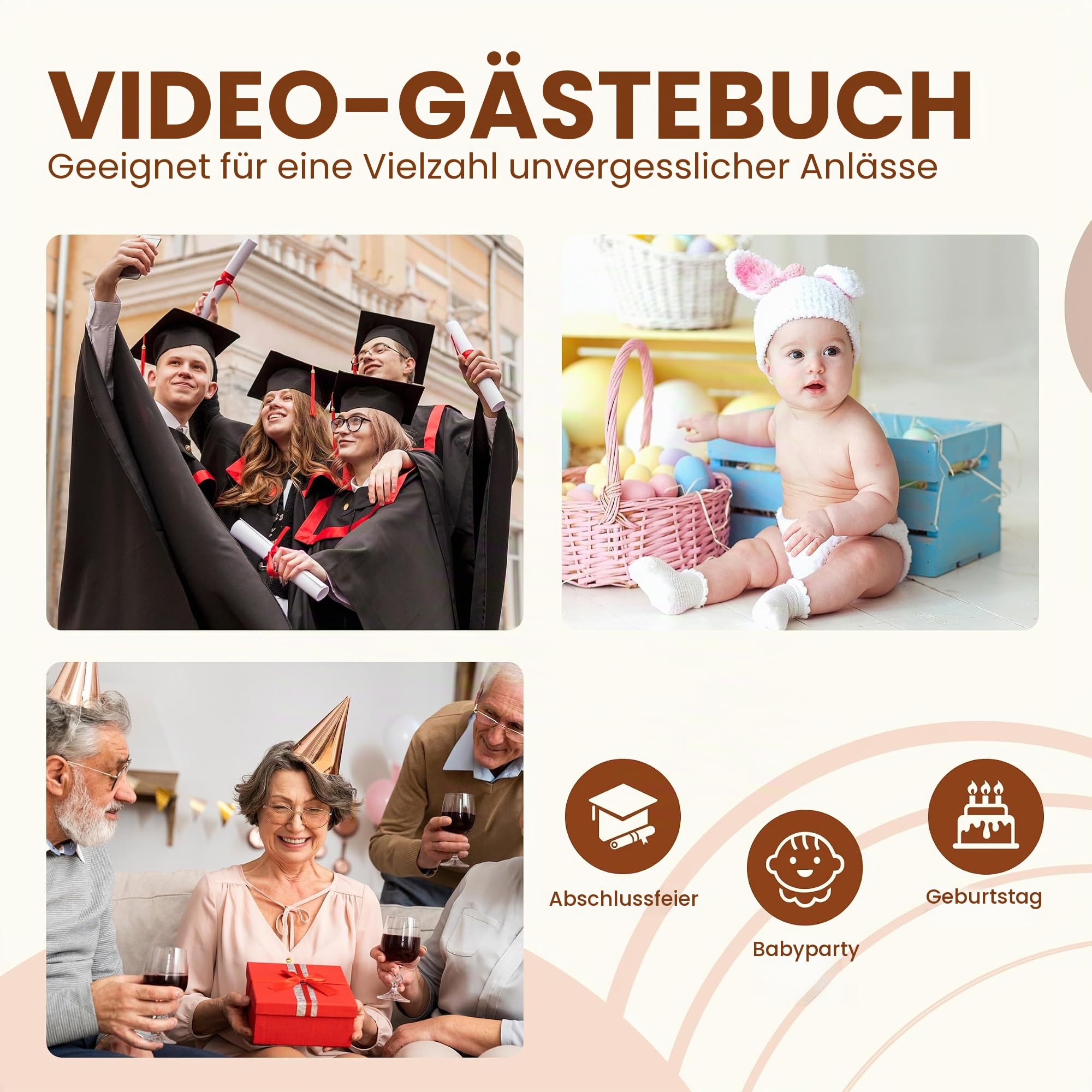 Video-Audio-Gästebuch, Hochzeitstelefon, 1080P HD-Video-Gästebuch, bewahren Sie Ihre besonderen Anlässe auf, ideal für Hochzeit, Brautparty, Geburtstag, Abschlussfeiern, Babyparty (Retrobraun