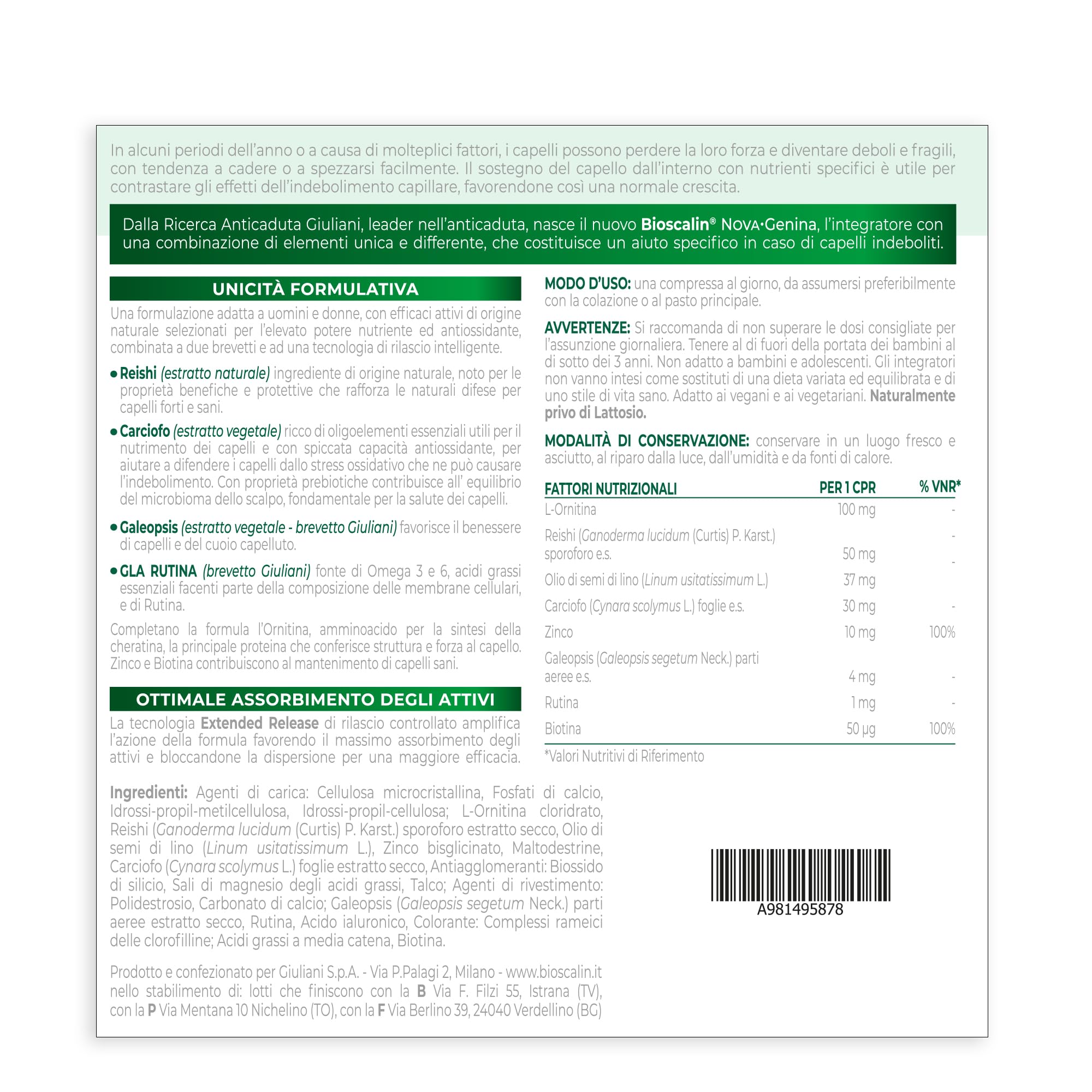 Bioscalin NOVA:Genina Integratore Alimentare per Capelli con Attivi Naturali, Favorire la Forza dei Capelli per Donna e Uomo, Senza Glutine, Naturalmente Privo di Lattosio, 60 Compresse