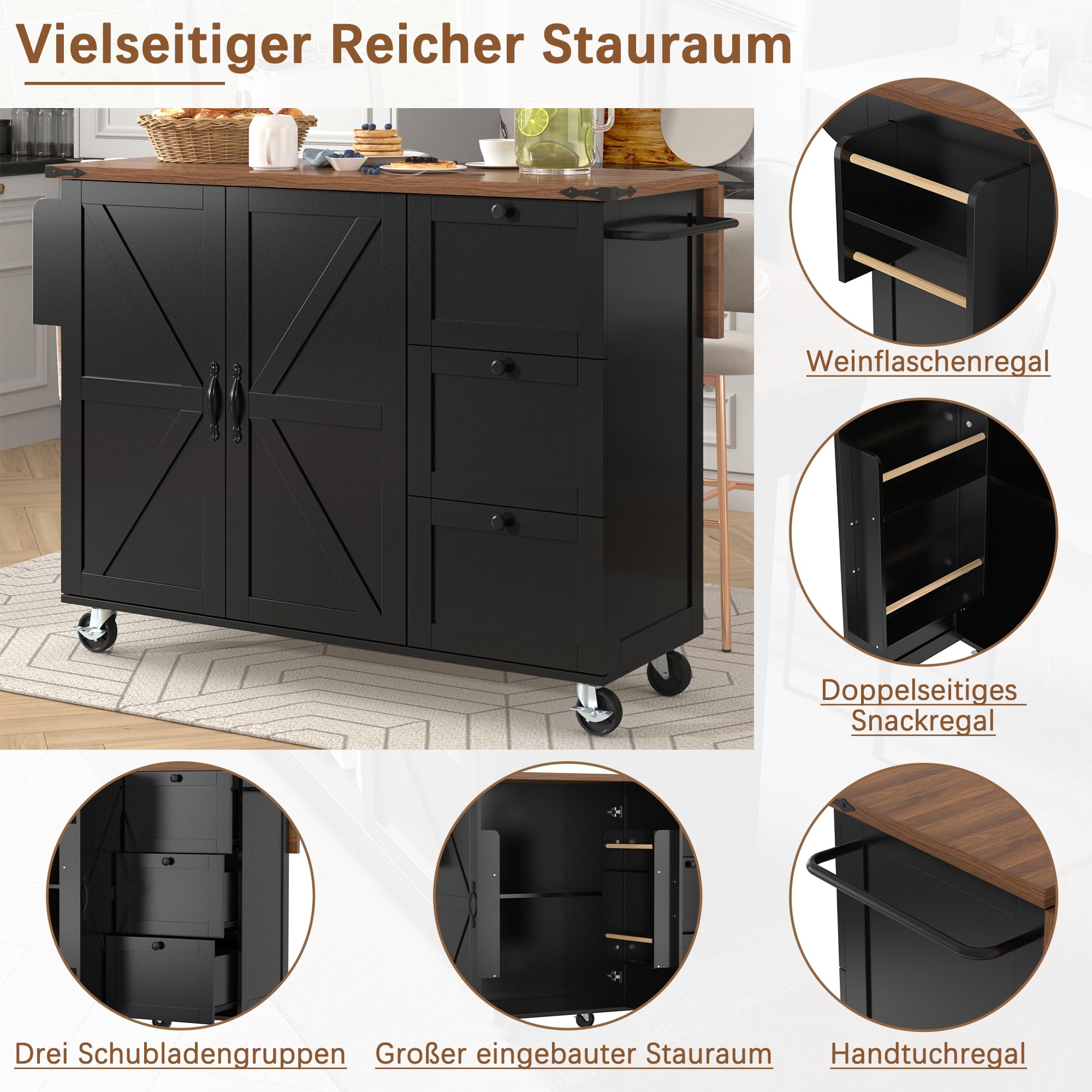 Isola da cucina, carrello da portata con piano di lavoro estraibile, mobile da cucina, carrello da cucina con venature del legno, carrello da pranzo con due ante e tre cassetti (nero)