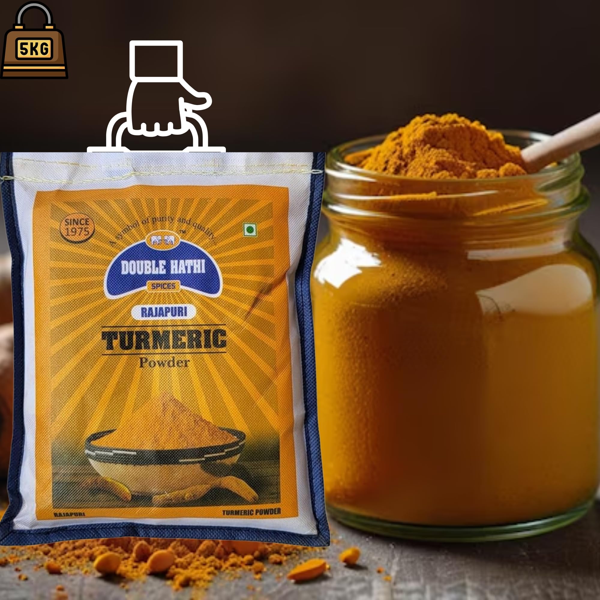 Double Hathi Rajapuri Turmeric Powder 5Kg - Pure Natural Haldi for Cooking and Health - Fine Aromatic Spice for Curry, Soups, Marinades - Indian Origin - Perfect for Home, Restaurants, Bulk Use