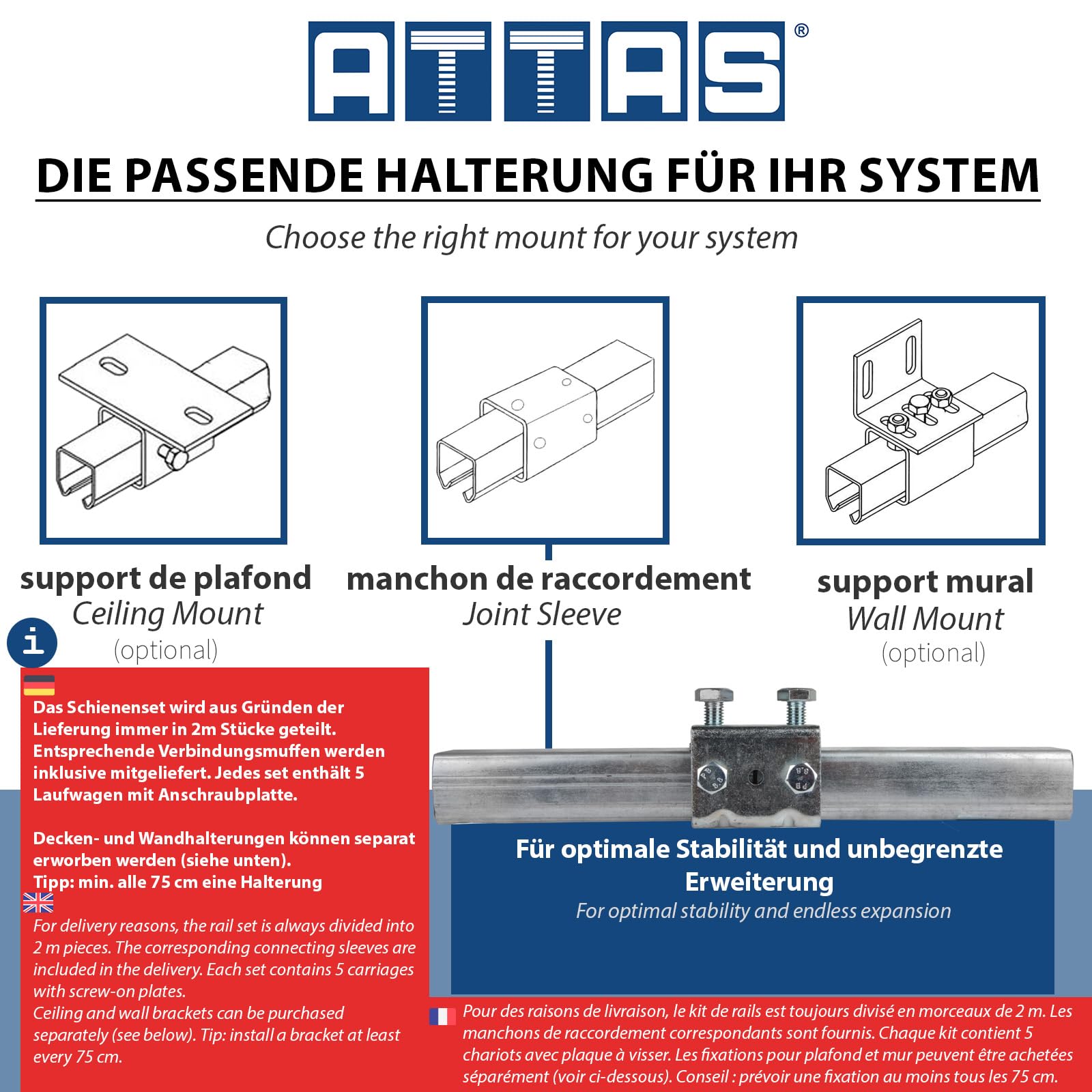 ATTAS Sistema de puerta corredera completo de 300 cm – Rieles con ruedas para puertas correderas y portones – robusto y resistente a la intemperie – Incluye carro corredera
