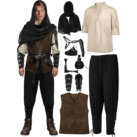 9 Piece Halloween Men's Renaissance Viking Costume Set Medieval Shirt Pants Vest...