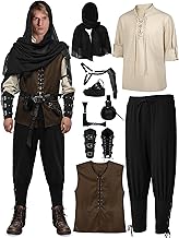 SOMSOC 9 Piece Halloween Men's Renaissance Viking Costume Set Medieval Shirt Pants Vest Scarf Bracer Belt Pouch Shoulder Cape