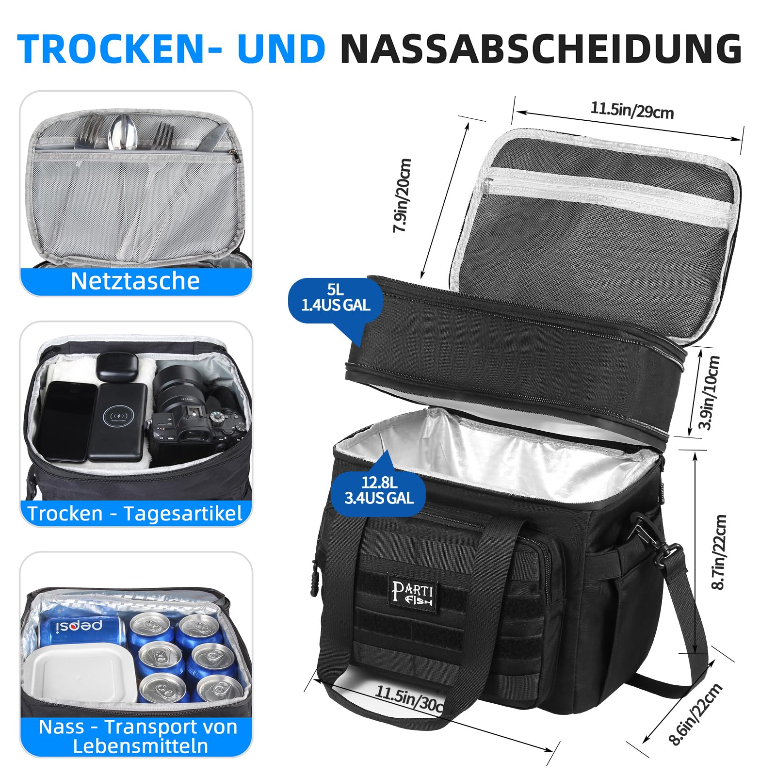 Kühltasche Faltbar Lunch Tasche Weich kühlbox für Herren Baustelle, Gross 15l 18l Erweiterbar 2-Decks 5-lagige Starke Isolierung Wasserdicht Auslaufsicher Lunch Bag, Groß, Taktisch, Schwarz