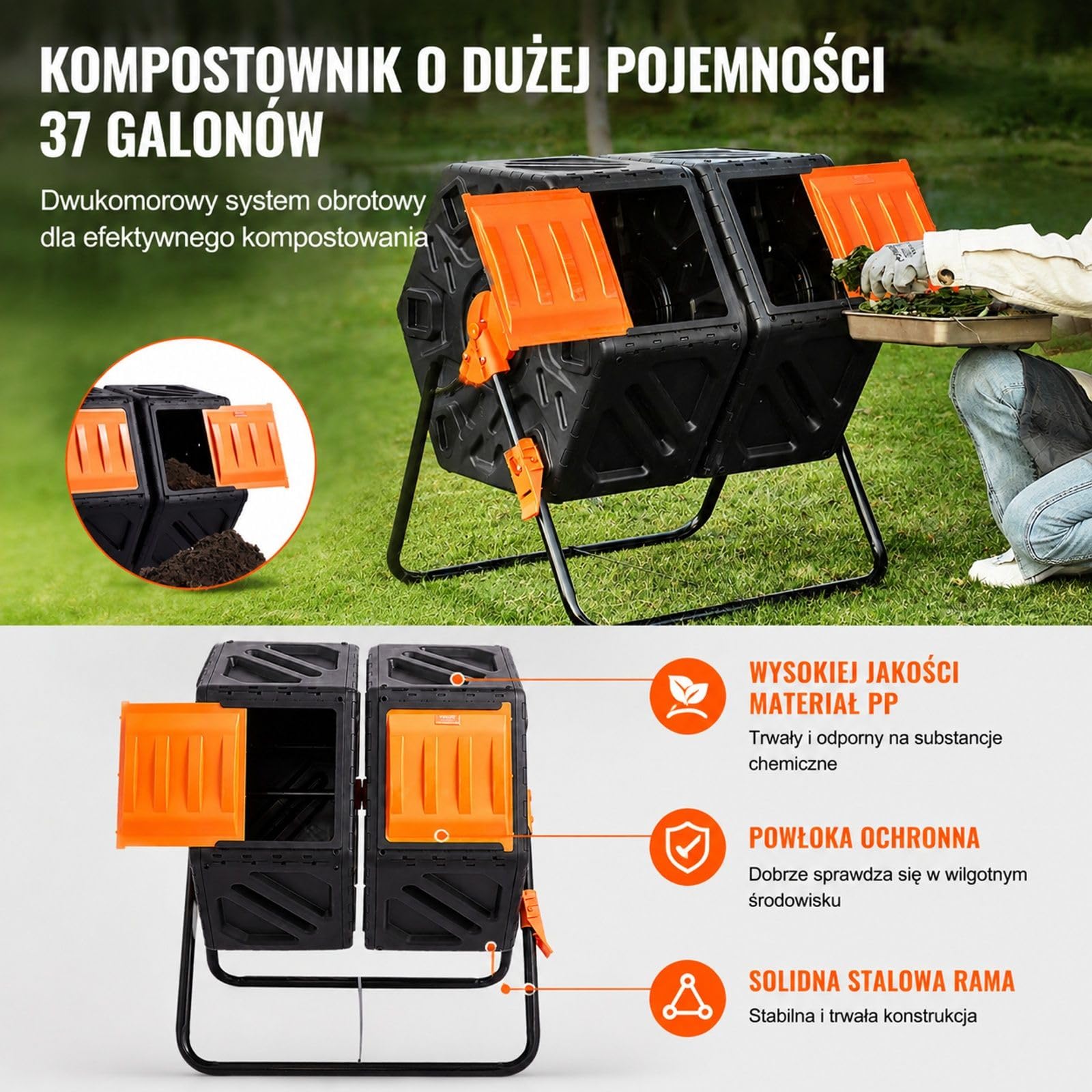 Obrotowy kompostownik 140 l z dwiema komorami i stalowym stelażem do ogrodu i na podwórko
