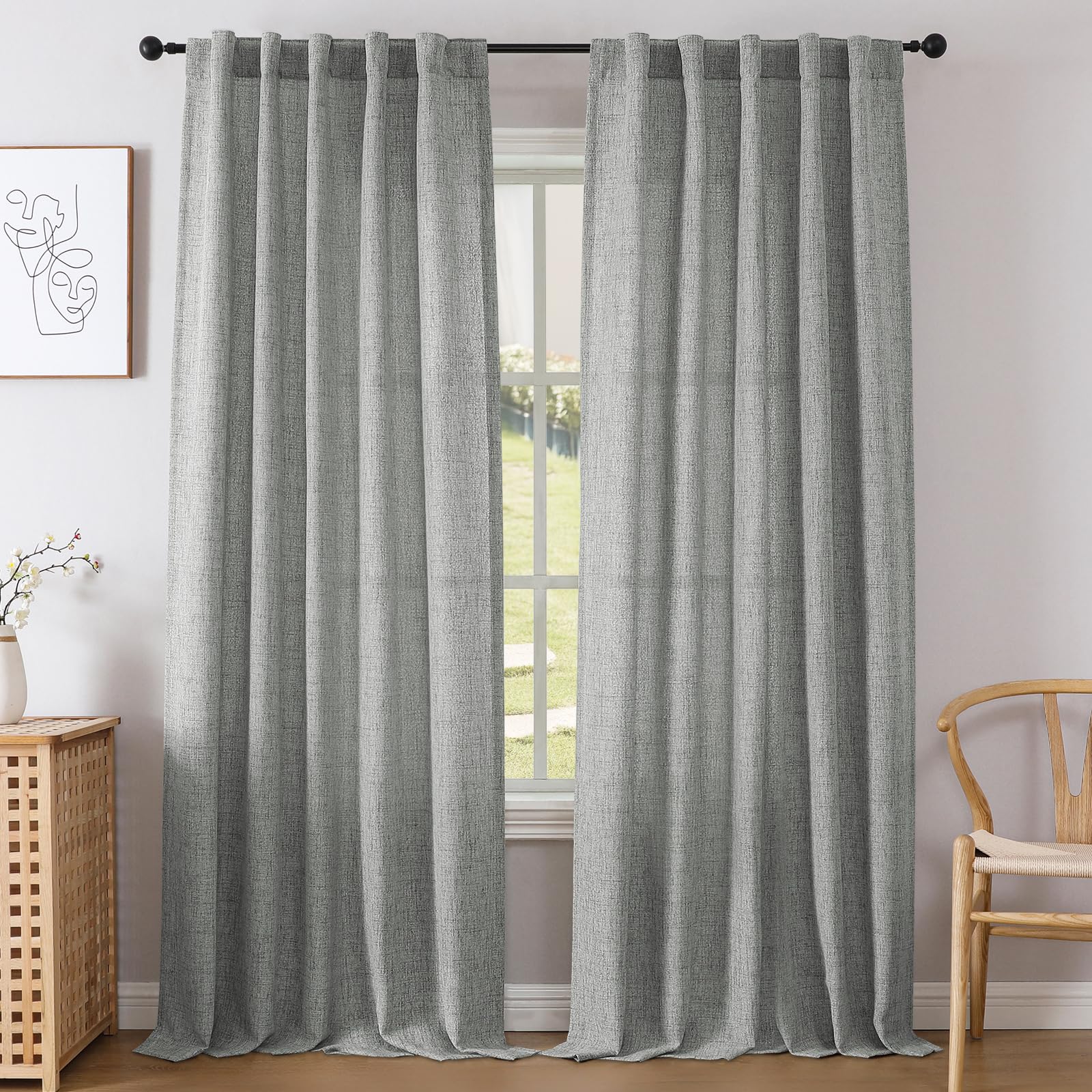 Joydeco Light Grey Linen Curtains 84 Inch Length,Light Filtering Privacy Sheer Curtains for Living Room and Bedroom,Modern & Farmhouse Style,Back Tab and Rod Pocket,52 x 84 Inches,2 Panels