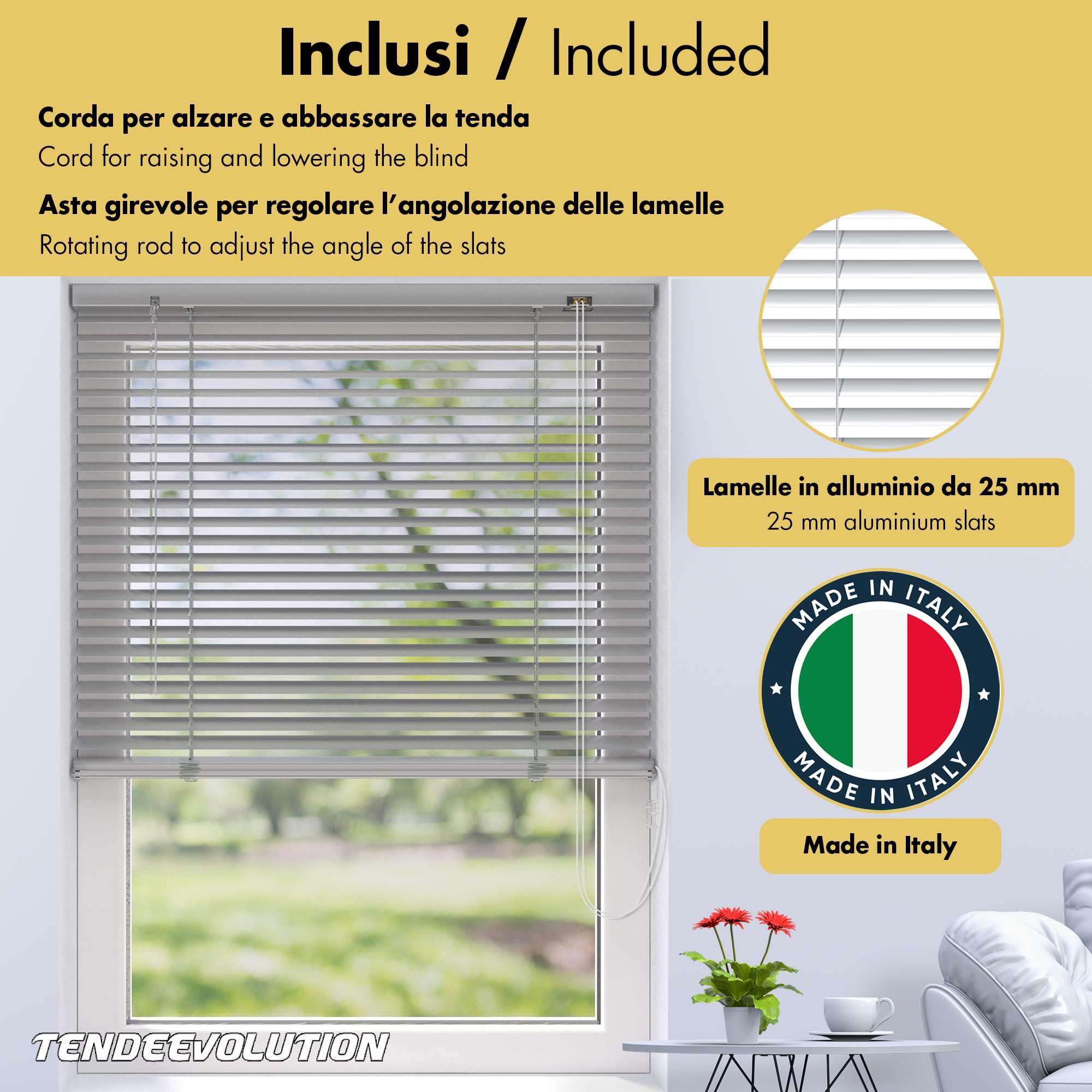 TENDEEVOLUTION Tenda Veneziana Interni su Misura in Alluminio con Lamelle da 25 mm completamente personalizzabile. Tenda Veneziana da Interno per Casa o Ufficio, adatta a Porte e Finestre