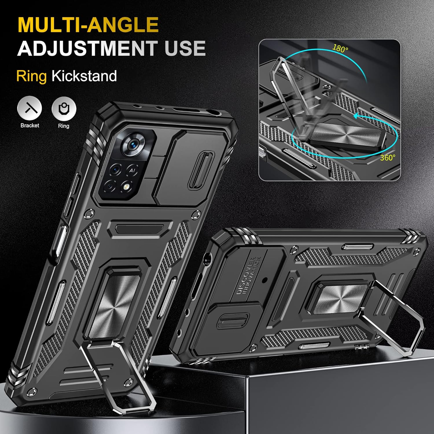 Asuwish Phone Case for Xiaomi Poco X4 Pro 5G with Tempered Glass Screen Protector and Slide Camera Cover Magnetic Ring Holder Kickstand Cell Accessories Slim Hybrid Mi PocoX4Pro Women Men Black - Image 2