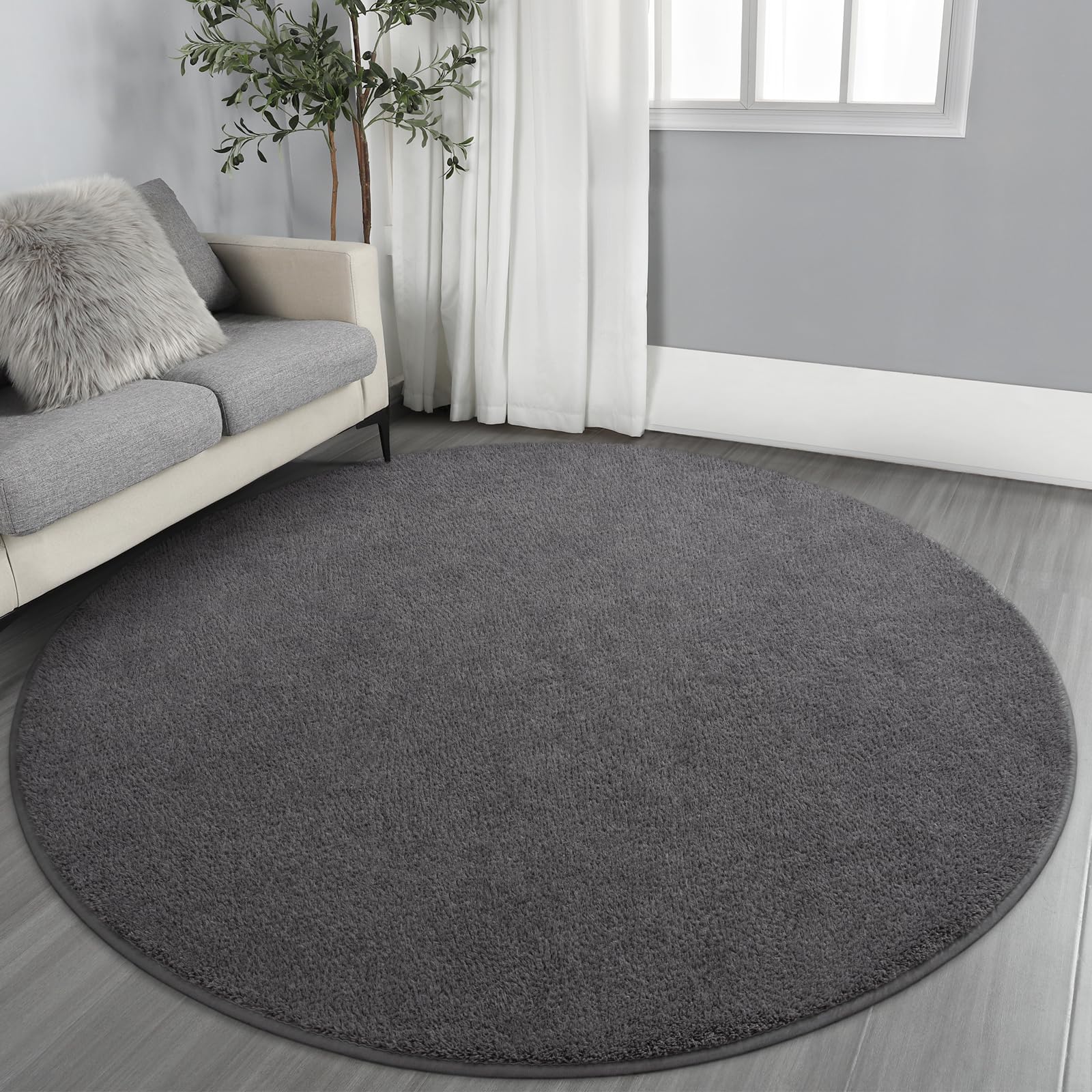 Gifeas Ultra Soft Round Area Rugs for Living Room Bedroom, 7x7 Feet Dark Grey Thickened Memory Foam Modern Indoor Circle Carpets, Non-Slip Comfy