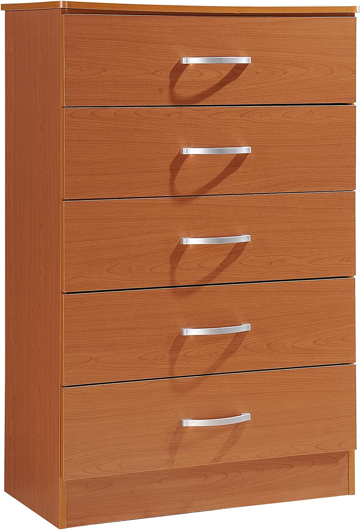 HODEDAH 5 Drawer Wood Dresser for Bedroom, Chest of Drawers with Metal Rails for Support when Storing Clothing, Cherry, 47.8x31.5 inches