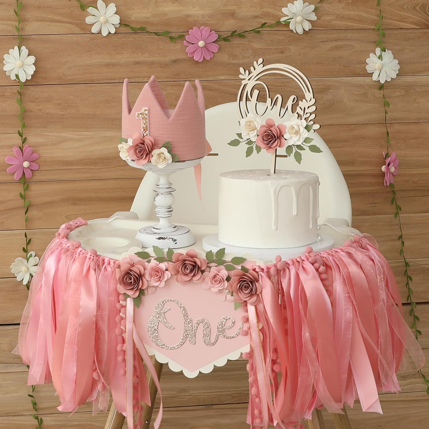 Wildflower 1st High Chair Banner Birthday Decorations For Girls Dusty Pink Flower Cake Topper Hat Floral Theme Party Decoration