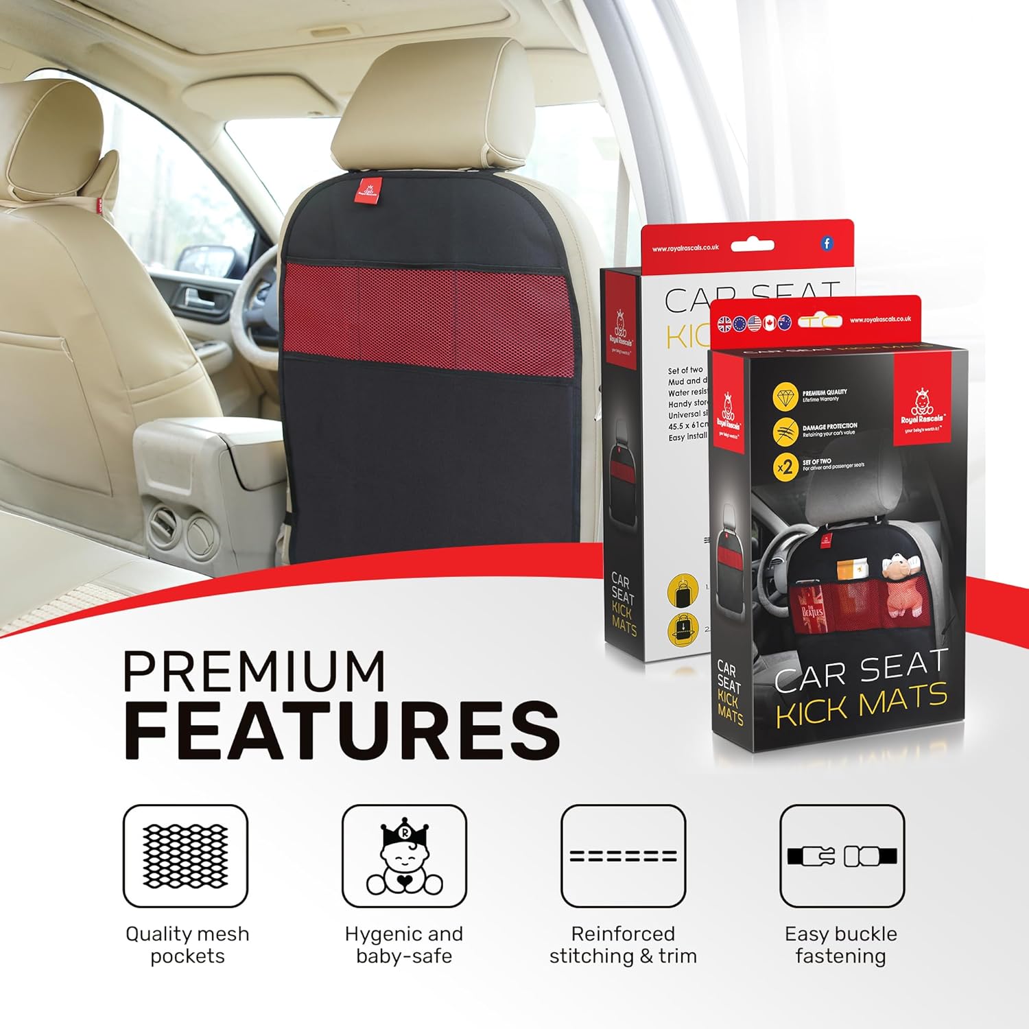 Kick Mats x2 | Car Seat Upholstery Protector | Organizer Pockets | Universal Size | Heavy Duty Kick and Stain Protection | Premium Quality Product