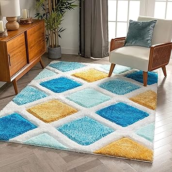 Tauhid Carpet Handwoven 3D Carved Super Soft Collection Modern Area Rug, Carpet 4x6 feet Musturd Yellow Turquoise