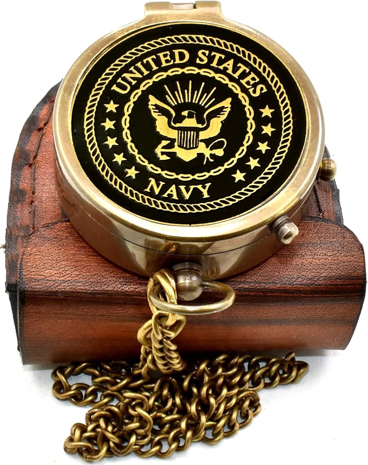 Navy Engraved Brass Pocket Compass with Leather Case, Vintage Antique Style Navigation Compass, Personalized Nautical Gift for Men, USN & Marine Inspired Keepsake for Graduation, Birthday