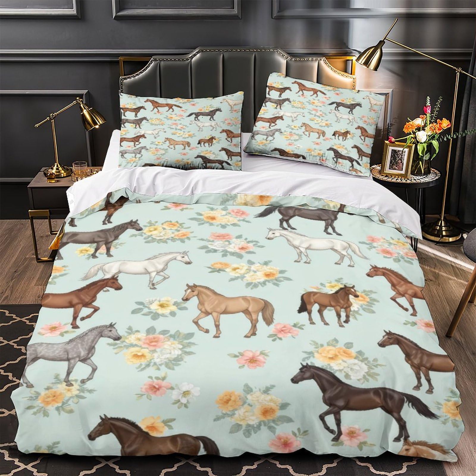 Parure de lit cheval 3 pièces avec housse de couette 135x200 super douce et taies
