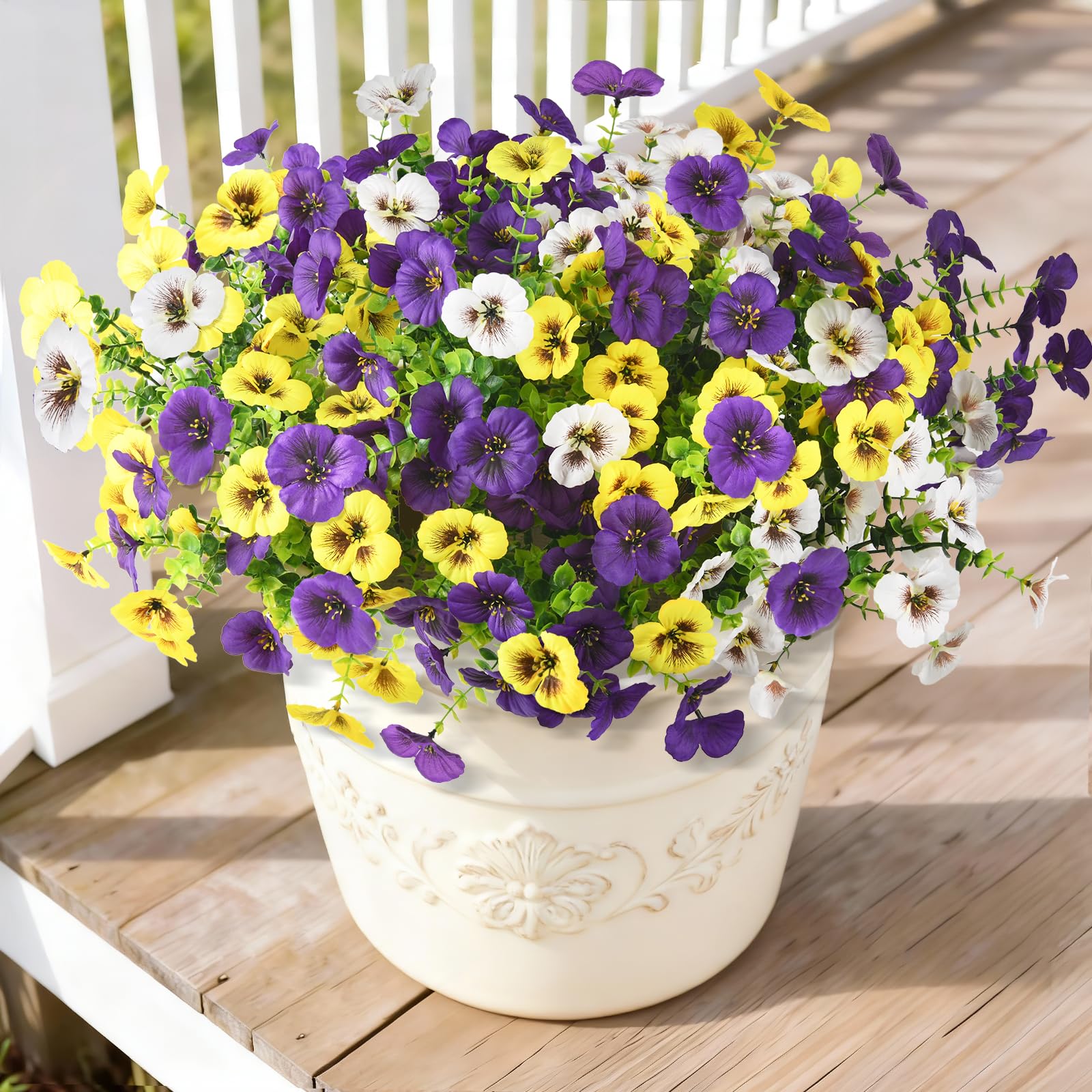 Photo 1 of Artificial Fake Pansy Flowers for Outdoors, 12 Pcs Faux Silk Pansies Flower for Spring Summer Decoration, UV Resistant Fake Plants for Outside Planter Porch Yard Patio Home Decor(Purple Yellow White)