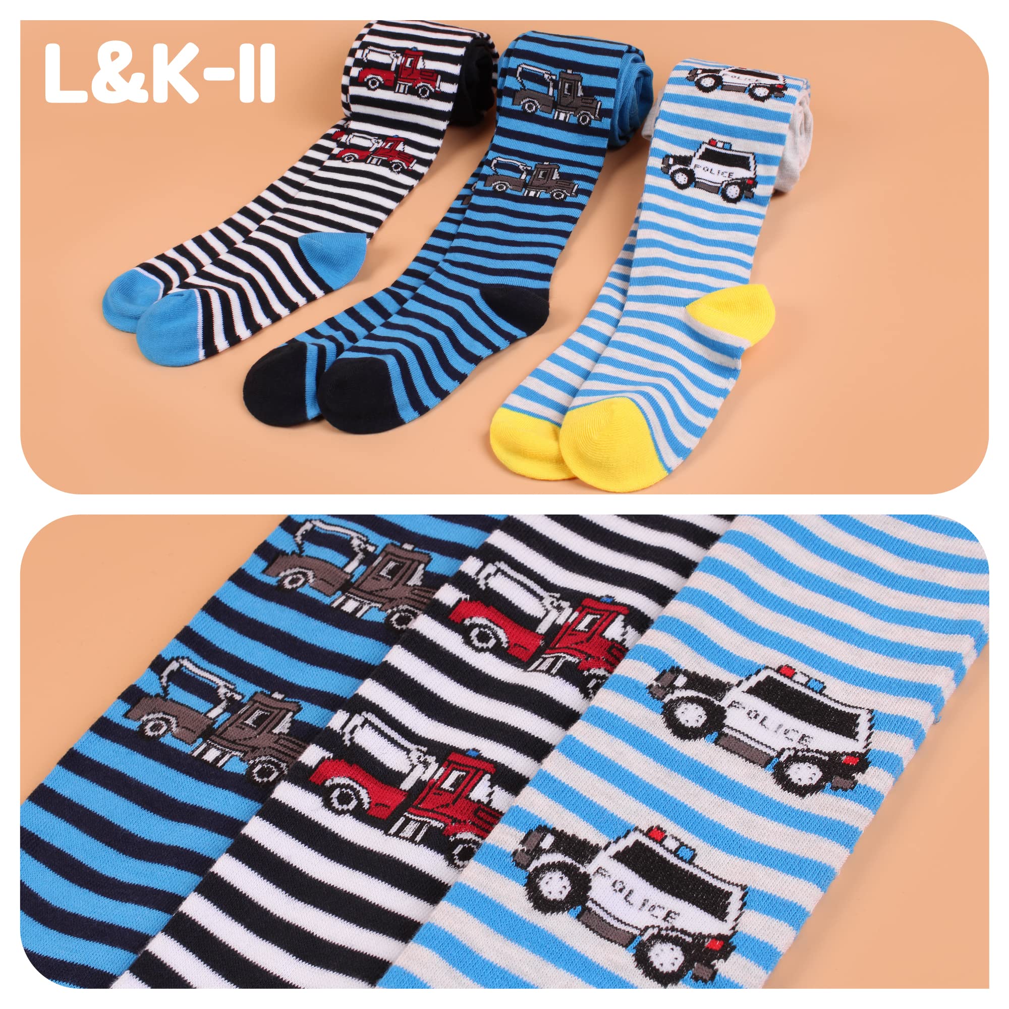 L&K-II Lot de 6 collants en tricot pour garçons et enfants avec bandes de football et motifs de voiture Multicolore 2727