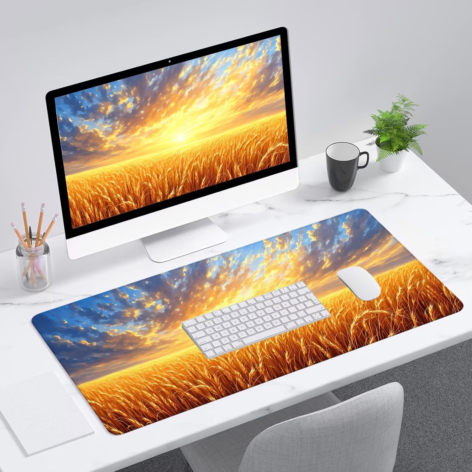 Tapis de Souris XXL 1200 x 500 mm,Paysage Tapis de Souris Gamer Imperméable,Tapis de Souris Champ de blé,Tapis Souris Bords Cousus,Base en Caoutchouc Antidérapante,Mousepad pour Maison Bureau S-506