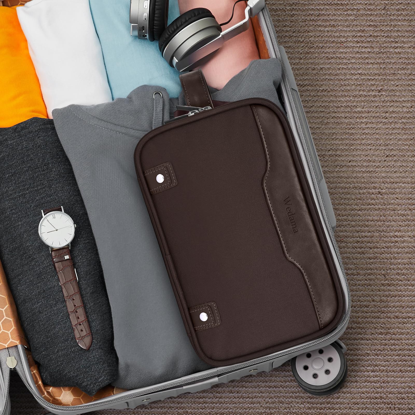Wedama Neceser para hombre, bolsa de aseo mediana para colgar, bolsa organizadora electrónica extra, bolsa de viaje impermeable para artículos de tocador, bolsa de viaje con asa de poliuretano para