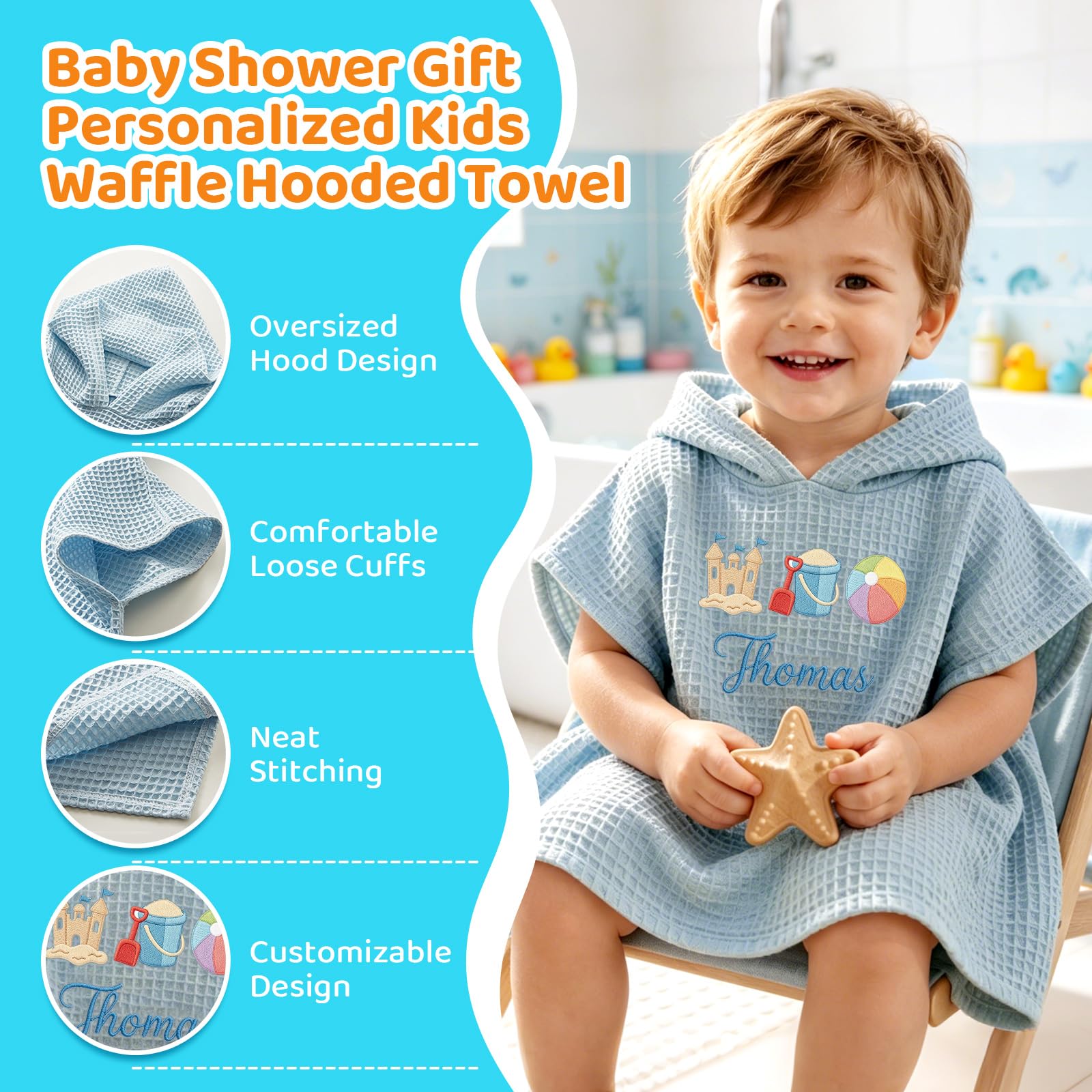 Personalisiertes Handtuch-Poncho Kinder, Strandtuch Stickerei Name, Baumwollwaffel, Kapuze Surf Pool Schwimmen Bad, Sommergeschenk Jungen Mädchen Geburtstag