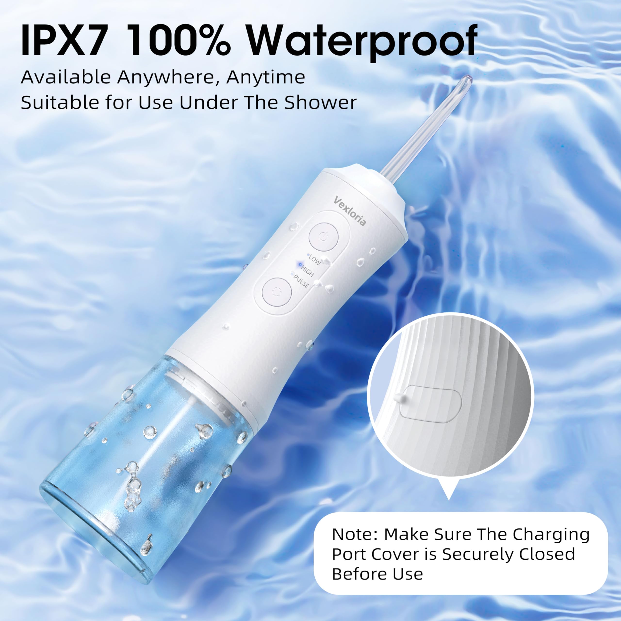 Vexloria Munddusche Kabellos, Elektrische Zahnreiniger Tragbar IPX7 Water Flosser 3 Modi & 4 Düsen, 300ML Zahndusche Oral Munddusche Testsieger für Entfernt Speisereste und Reinigt Die Zähne (Weiß)